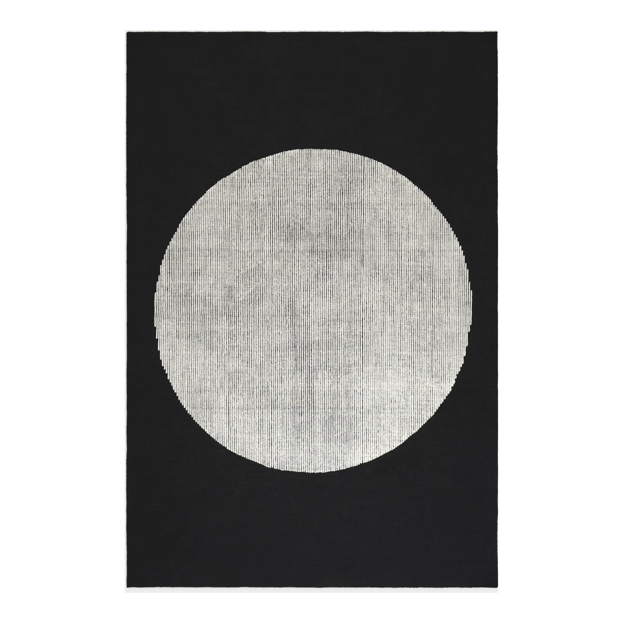 Disc Rug Overview handgefertigter Design Teppich in Schwarz Weiß Naturwolle für moderne Wohnräume