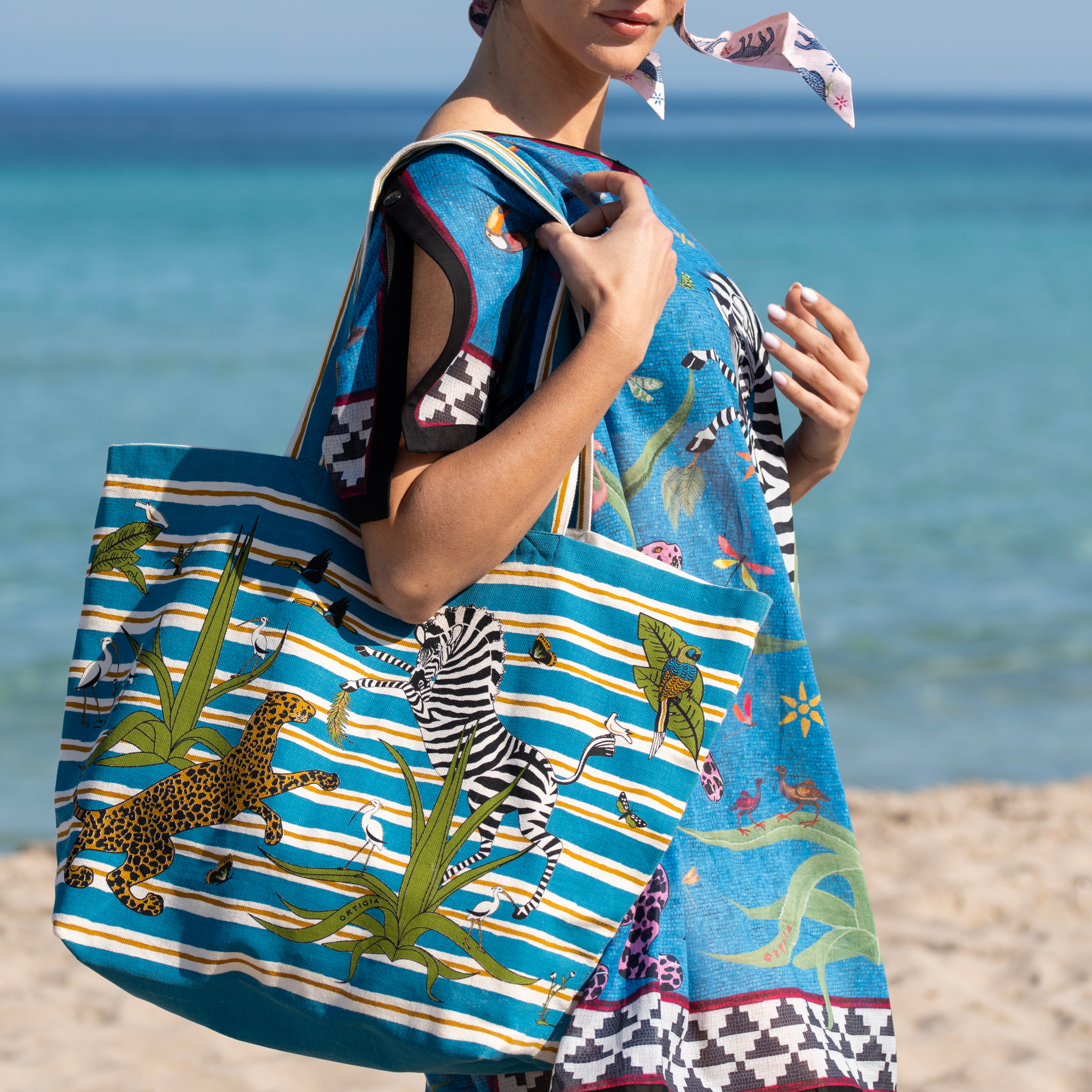 Bolsa de playa JUNGLE BLUE de algodón egipcio