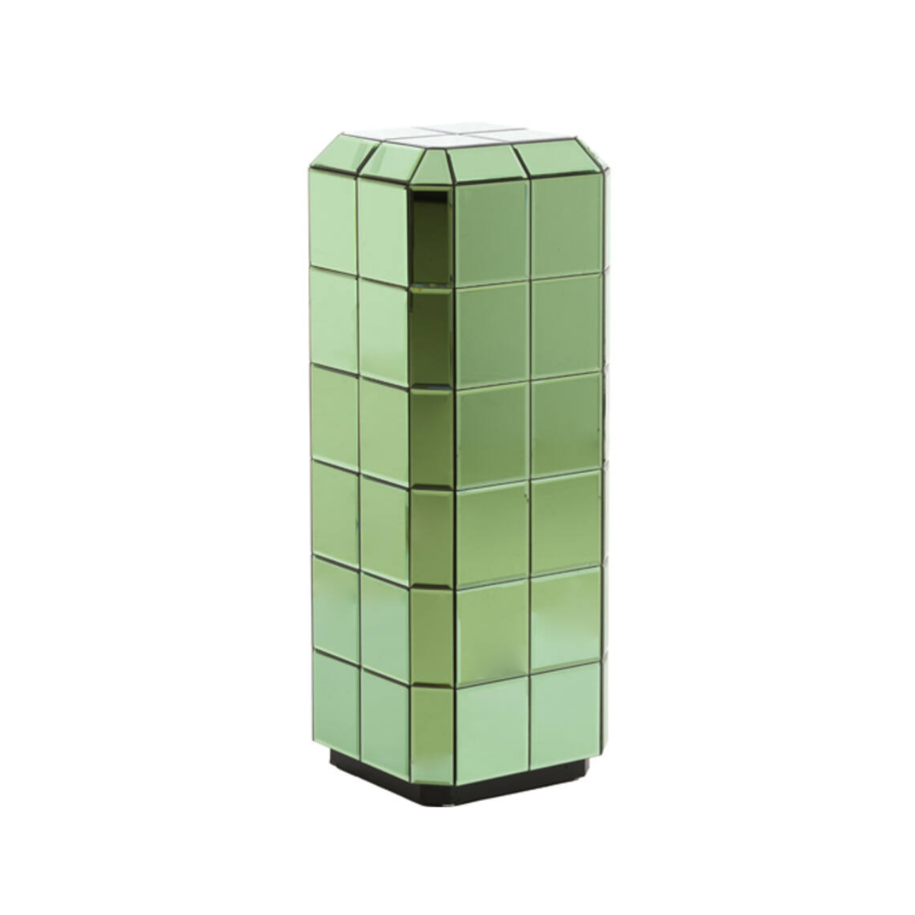 Dekorative gruene Glassaeule im Format 30x30x80 cm mit moderner rechteckiger Form und eleganter Ausstrahlung.