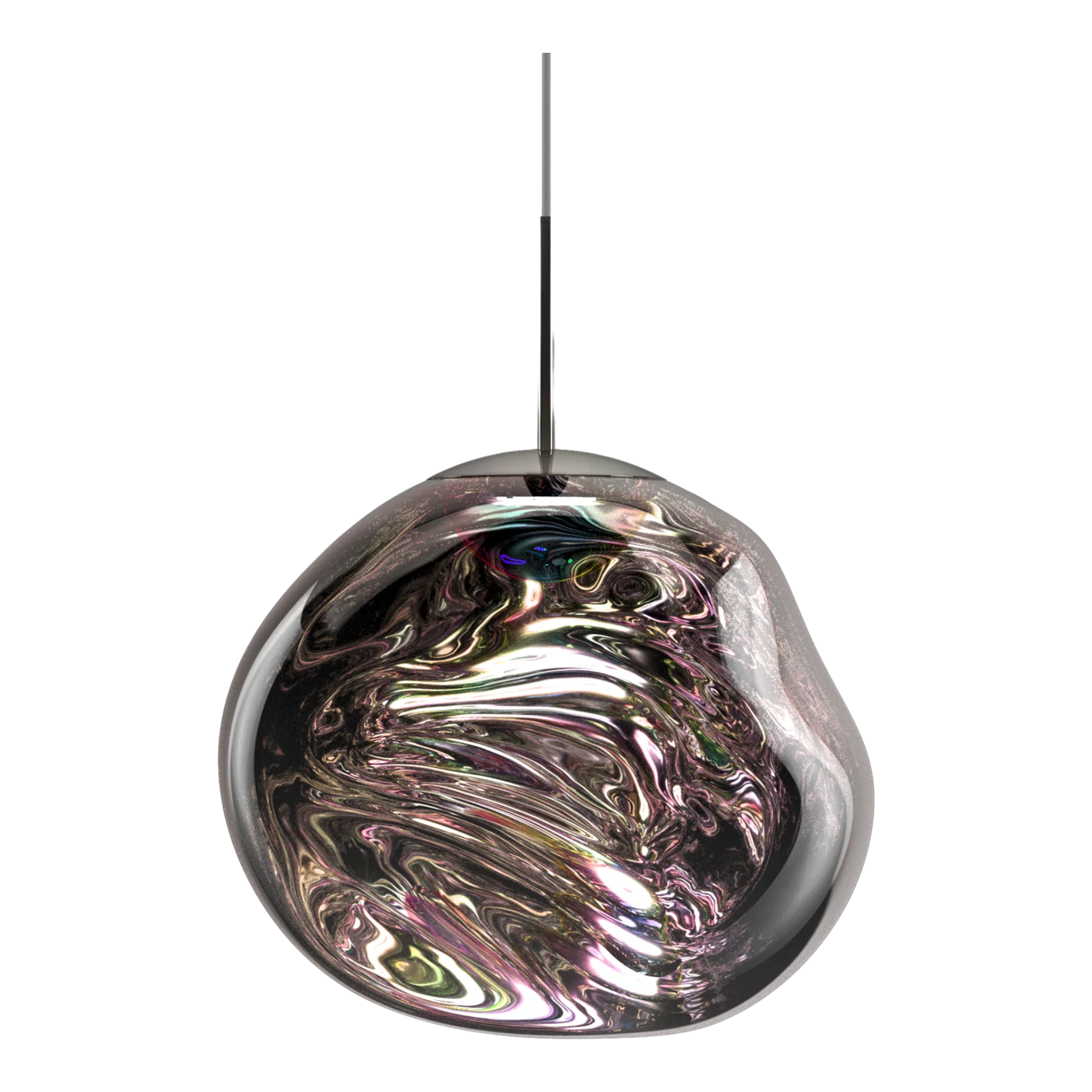 Melt Dichroic Medium Pendant von Tom Dixon mit verspiegelter Polycarbonat Oberfläche und organischem Schmelzglas Effekt im eingeschalteten Zustand.