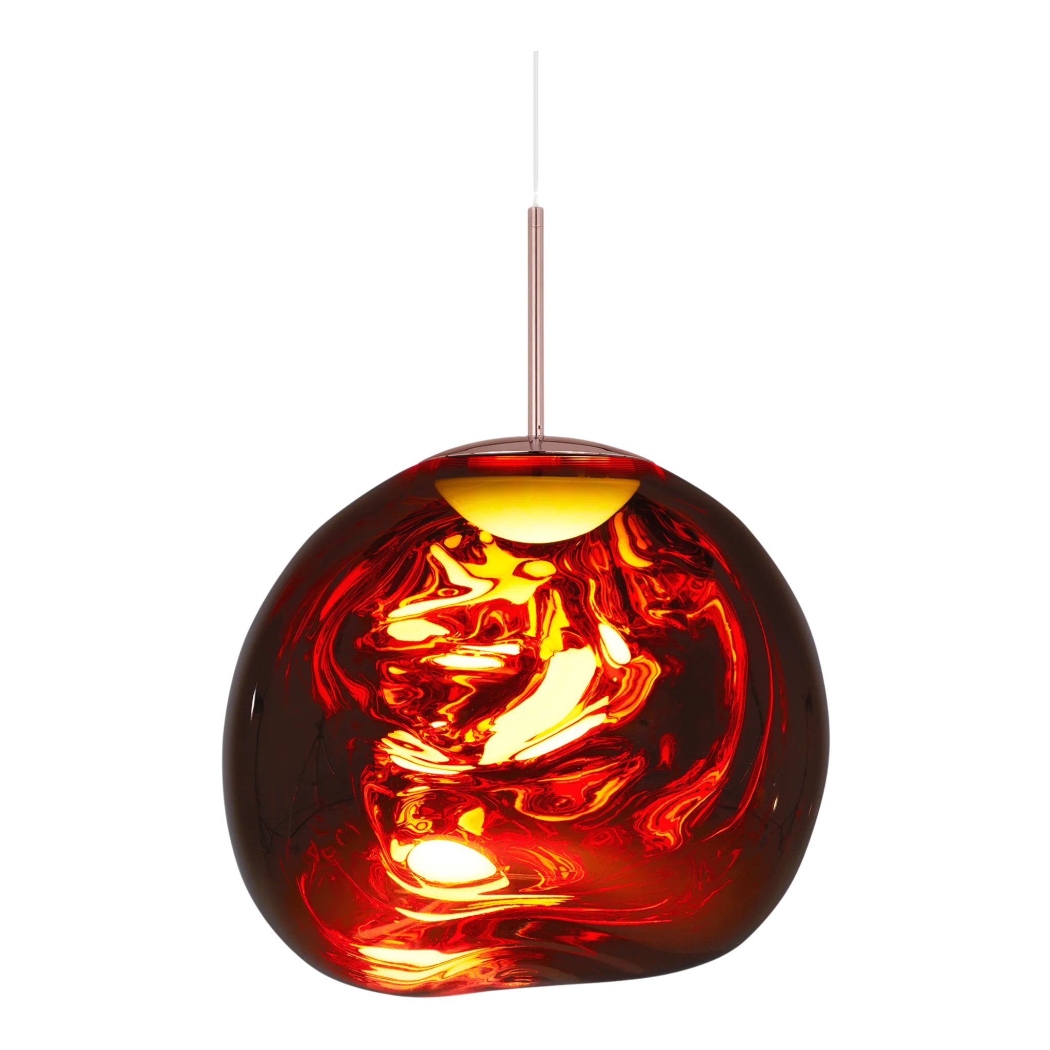 Melt Medium Pendant Copper von Tom Dixon als spiegelnde kupferfarbene Design Pendelleuchte im eingeschalteten Zustand mit Lichteffekt