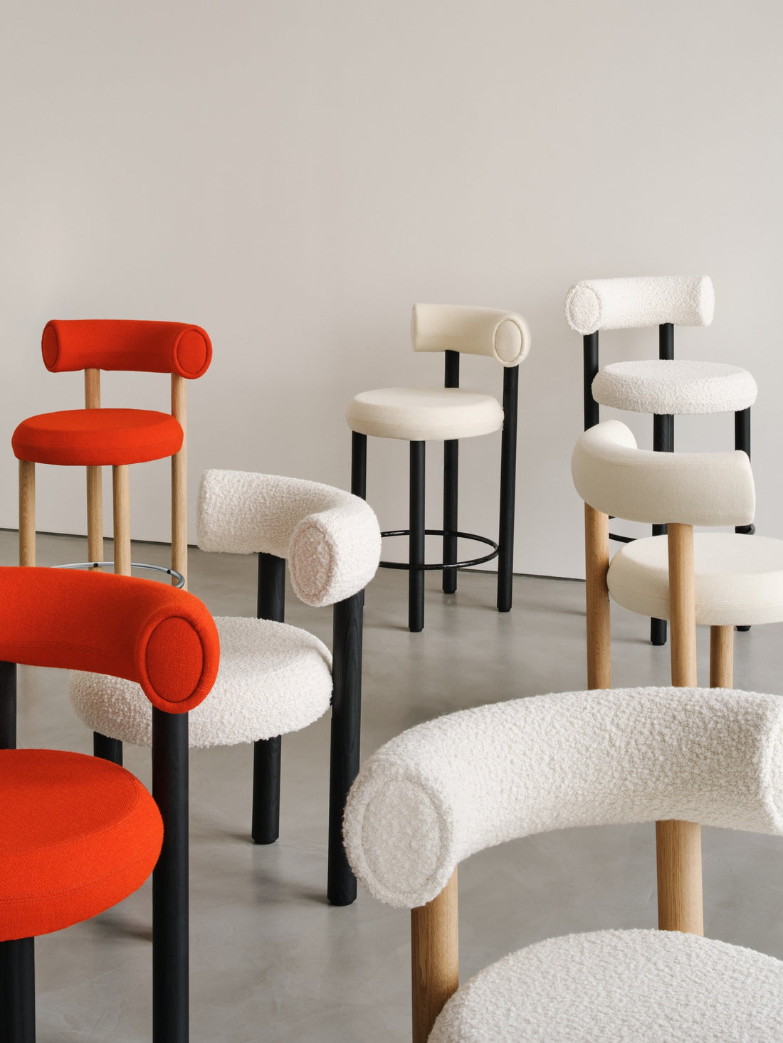 Fat Bar Stool – Natural Wood & Bouclé Bright White and orange