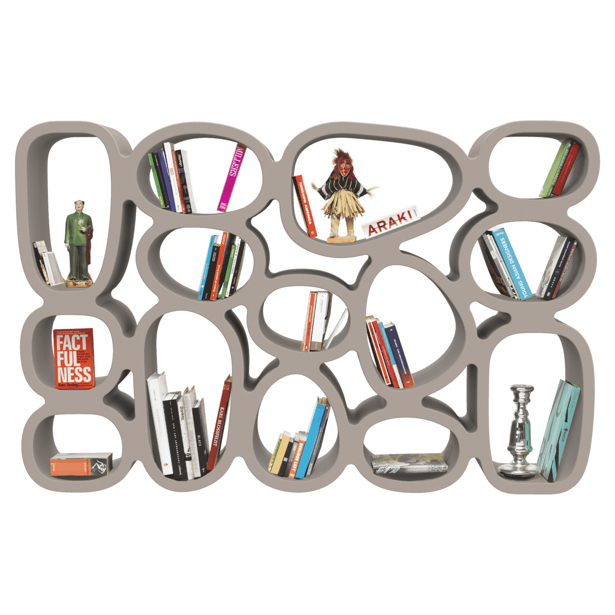 Graues Bücherregal mit unregelmäßigen Fächern im organischen Design.