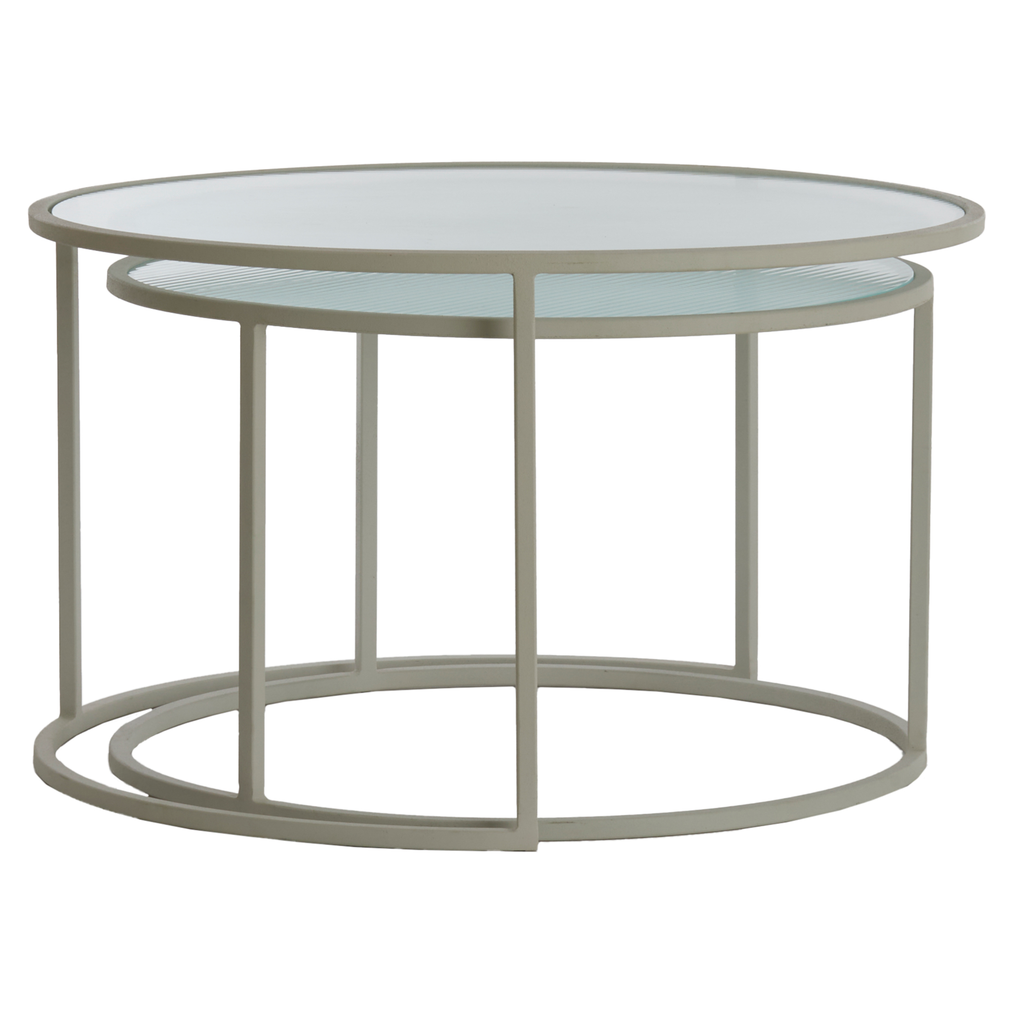 Couchtisch Set TALCA von Light & Living mit klarem Riffelglas und cremefarbener Basis.