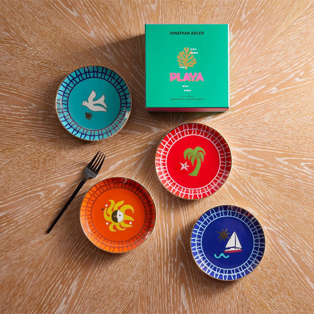 Tischdekoration Playa Dessertteller Set – Porzellan Teller mit maritimen Motiven (4er Set)