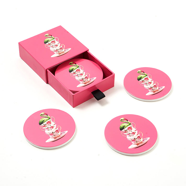 Vier Keramik Untersetzer mit rosa Flamingo Design