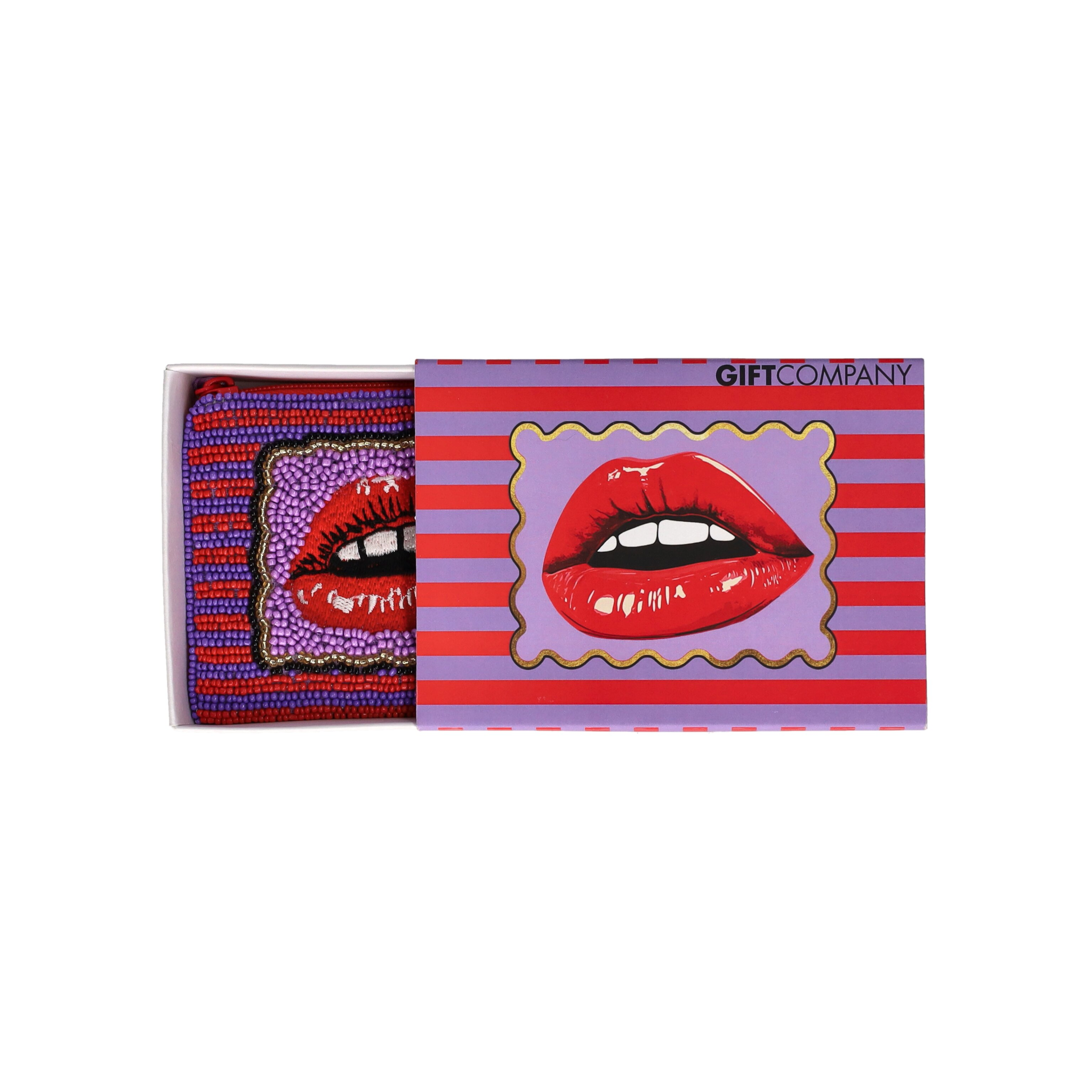 Bestickte Kosmetiktasche mit Glasperlen und Lippenmotiv