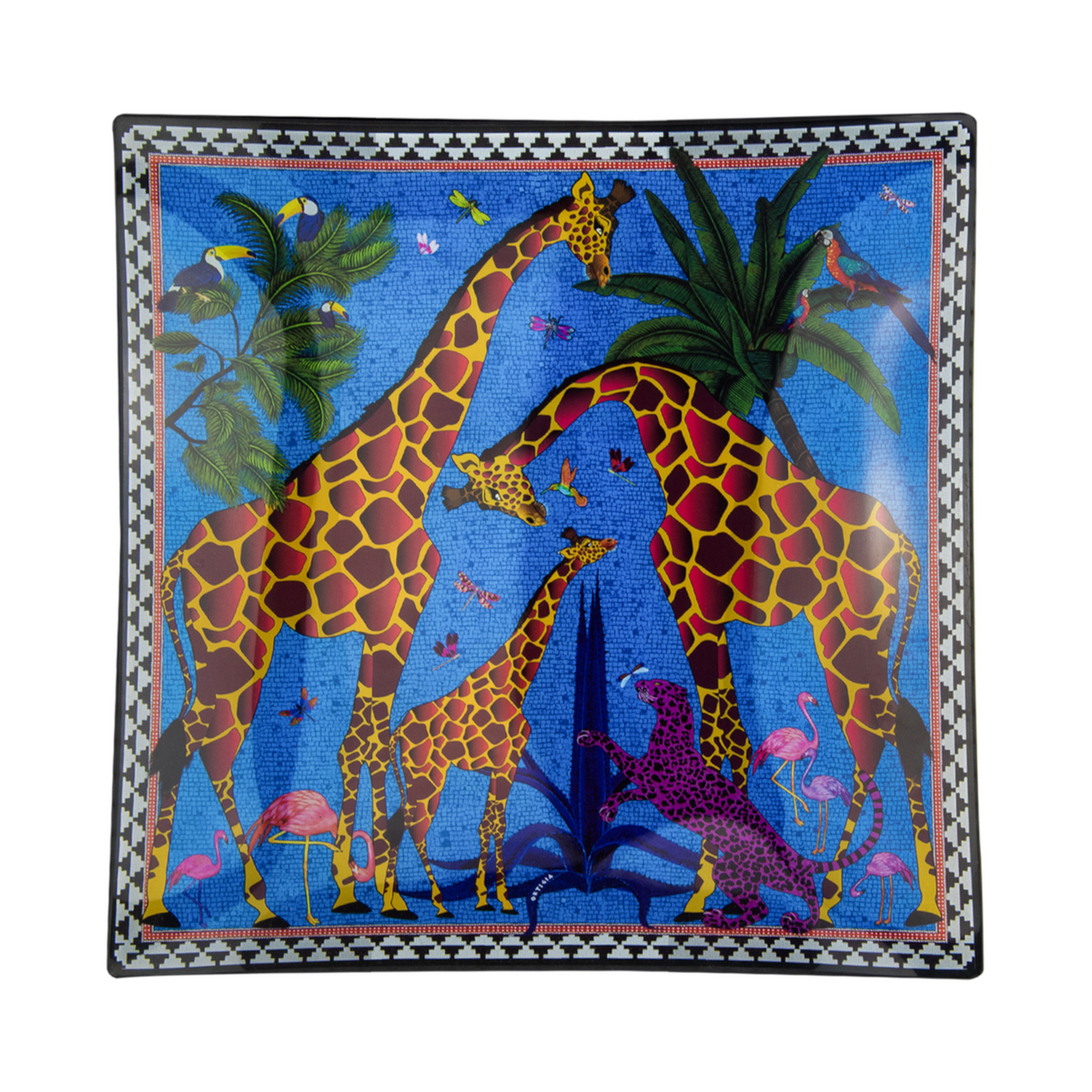 In Italien handgefertigte Glasplatte Giraffe Blue mit Siebdruckdesign