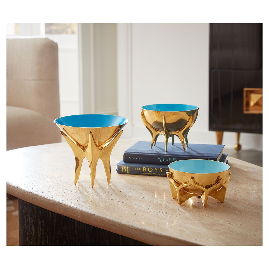 Luxuriöse Designschale aus Messing mit blauer Emaille