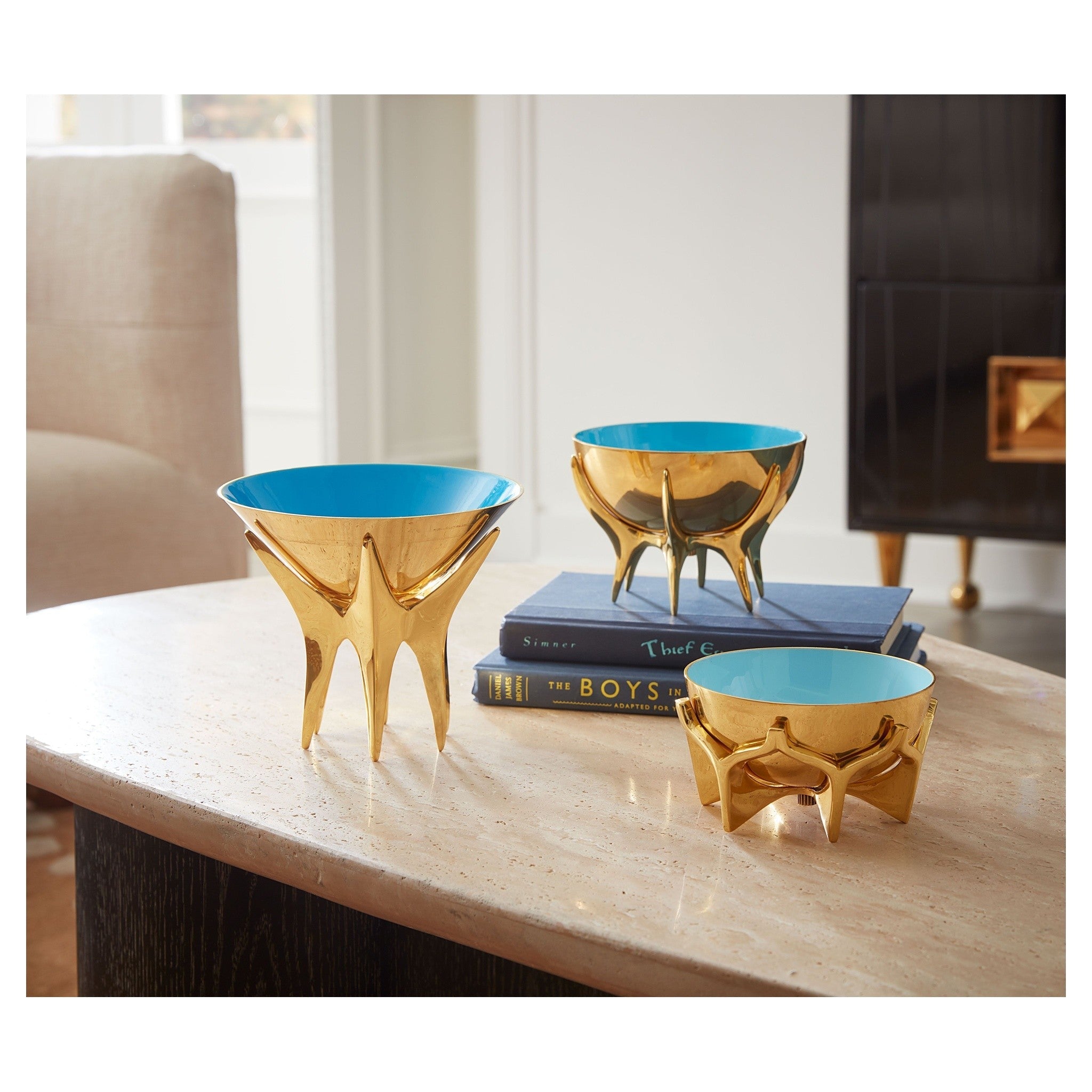Luxuriöse Designschale aus Messing mit blauer Emaille