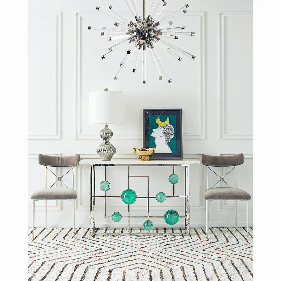 Globo Fretwork Console mit Nickelrahmen und smaragdgrünen Acrylkugeln