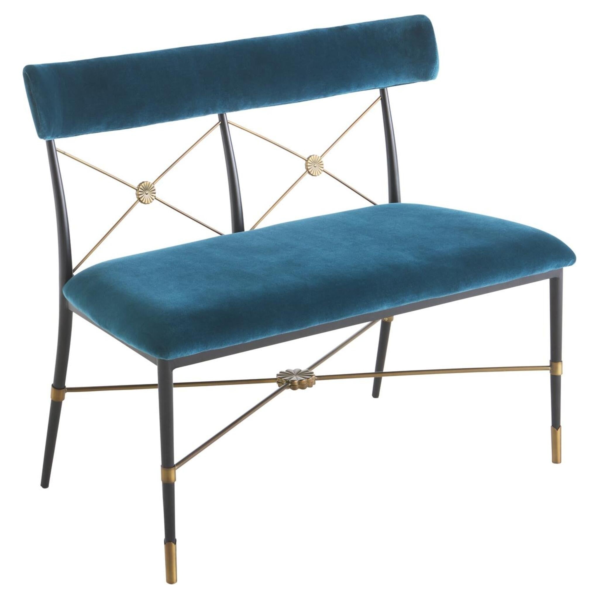 Sitzbank mit blauem Samtbezug und Metallgestell von Jonathan Adler