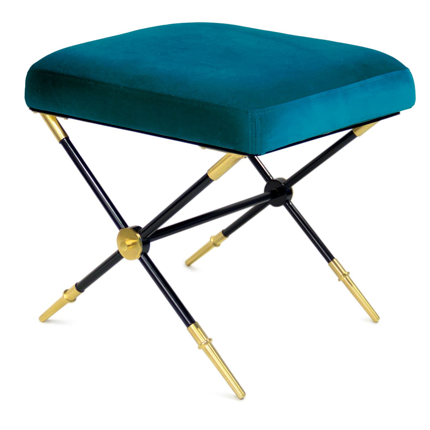 Pfauengrüner Velours-Hocker von Jonathan Adler mit X-förmigem Gestell