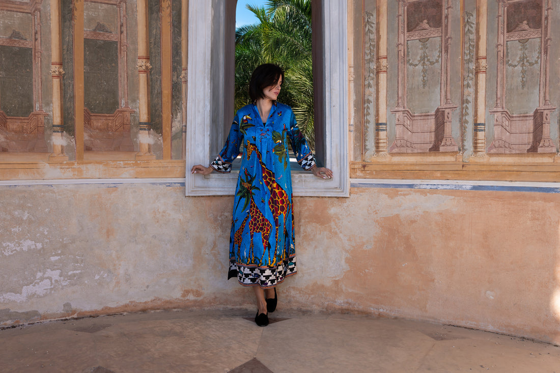 Seidenkaftan GIRAFFE BLUE JEWEL von Ortigia Sicilia