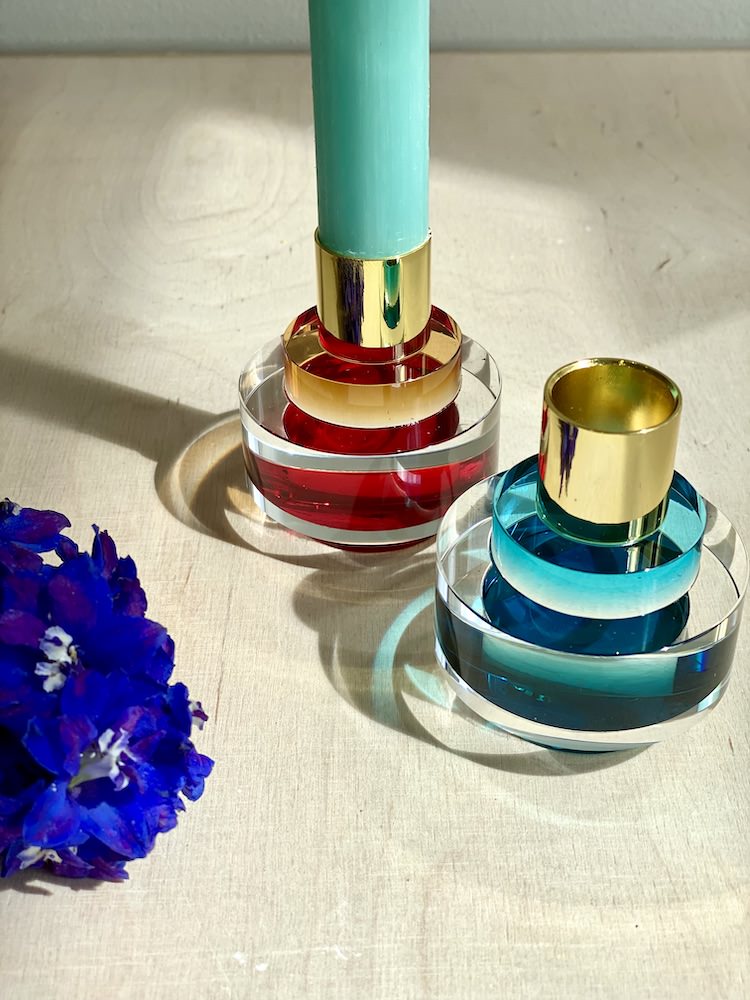 Kerzenhalter DIOPTRICS Kristallglas rund/rot & blau