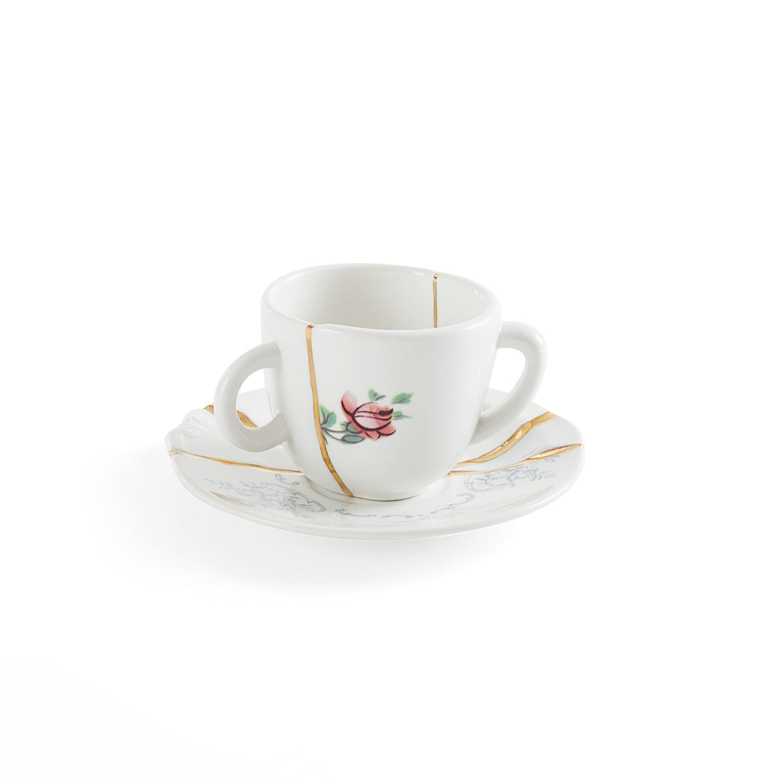 Kintsugi Kaffeetasse mit Unterteller mit Goldverzierung