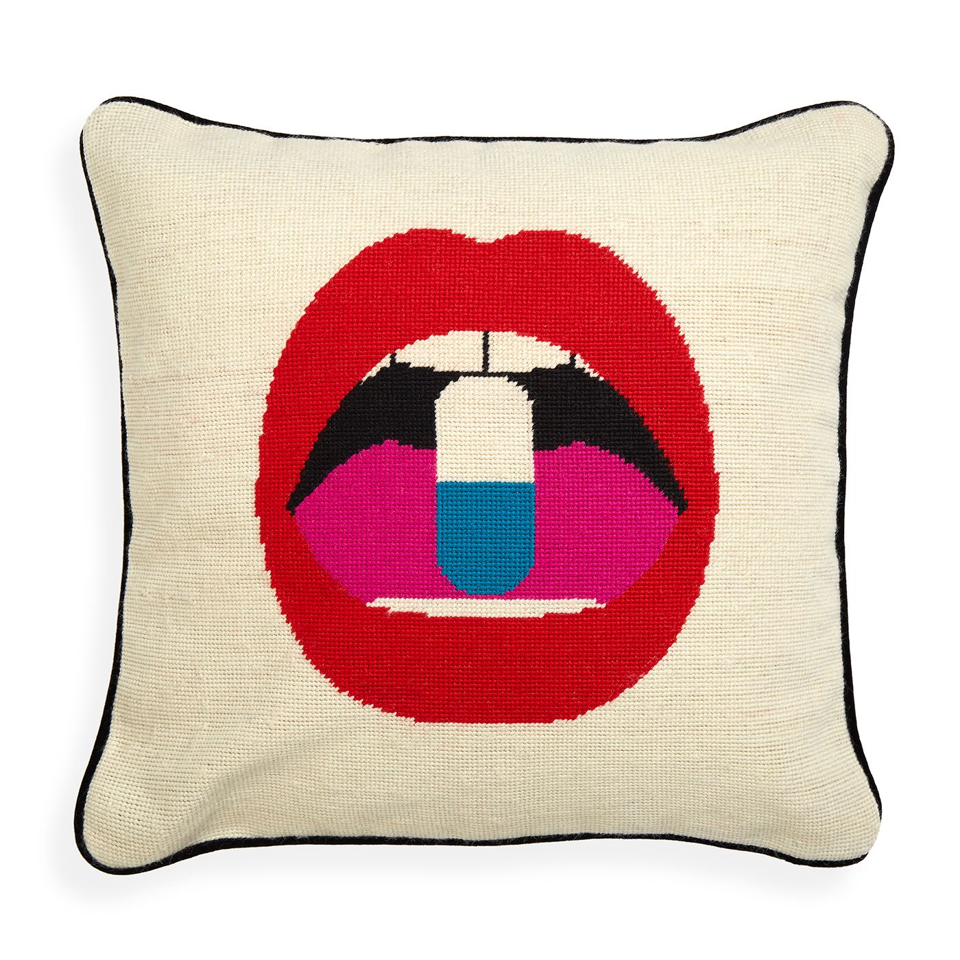 Wollkissen mit Lippenmotiv und Pille von Jonathan Adler