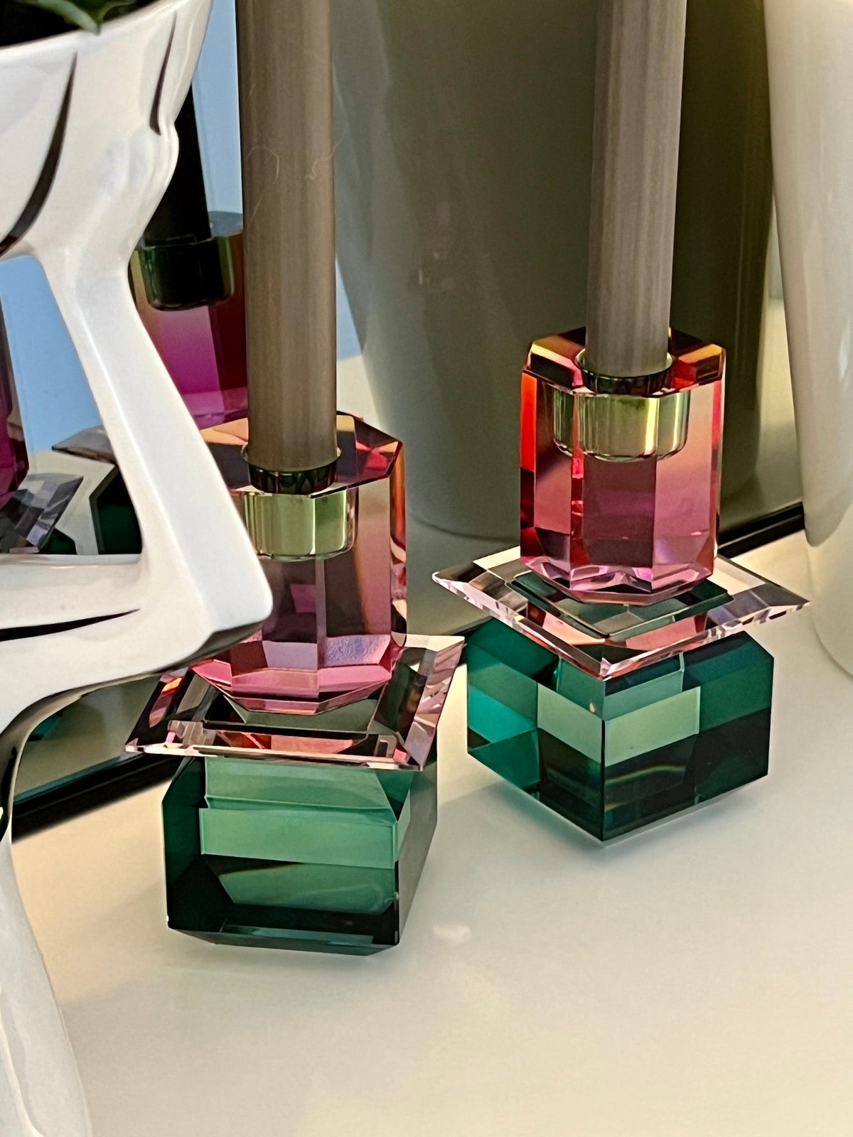 Portavelas de cristal AURORA en Verde Azulado/Rosa Claro/Rosa Ombre