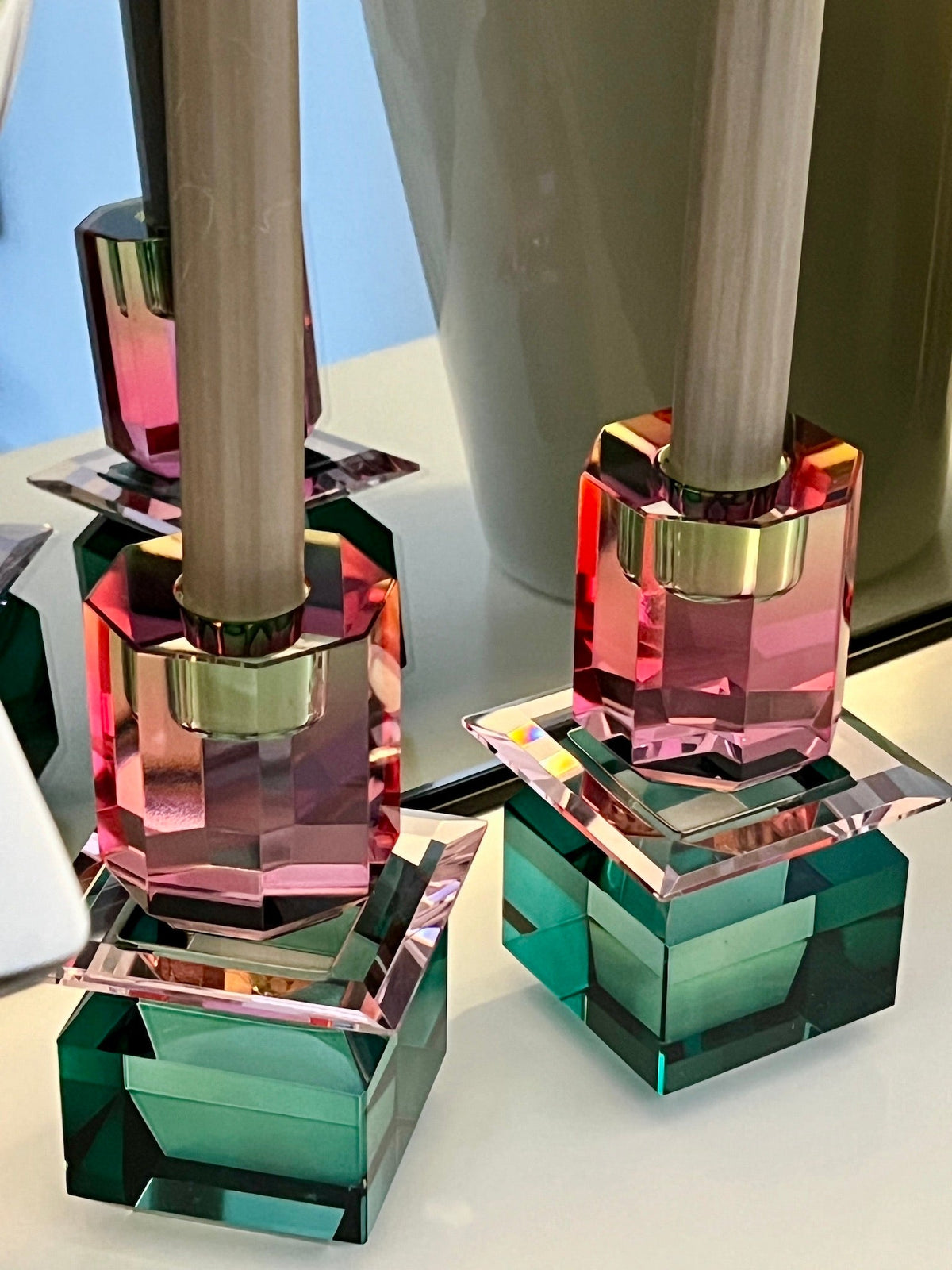 Portavelas de cristal AURORA en Verde Azulado/Rosa Claro/Rosa Ombre