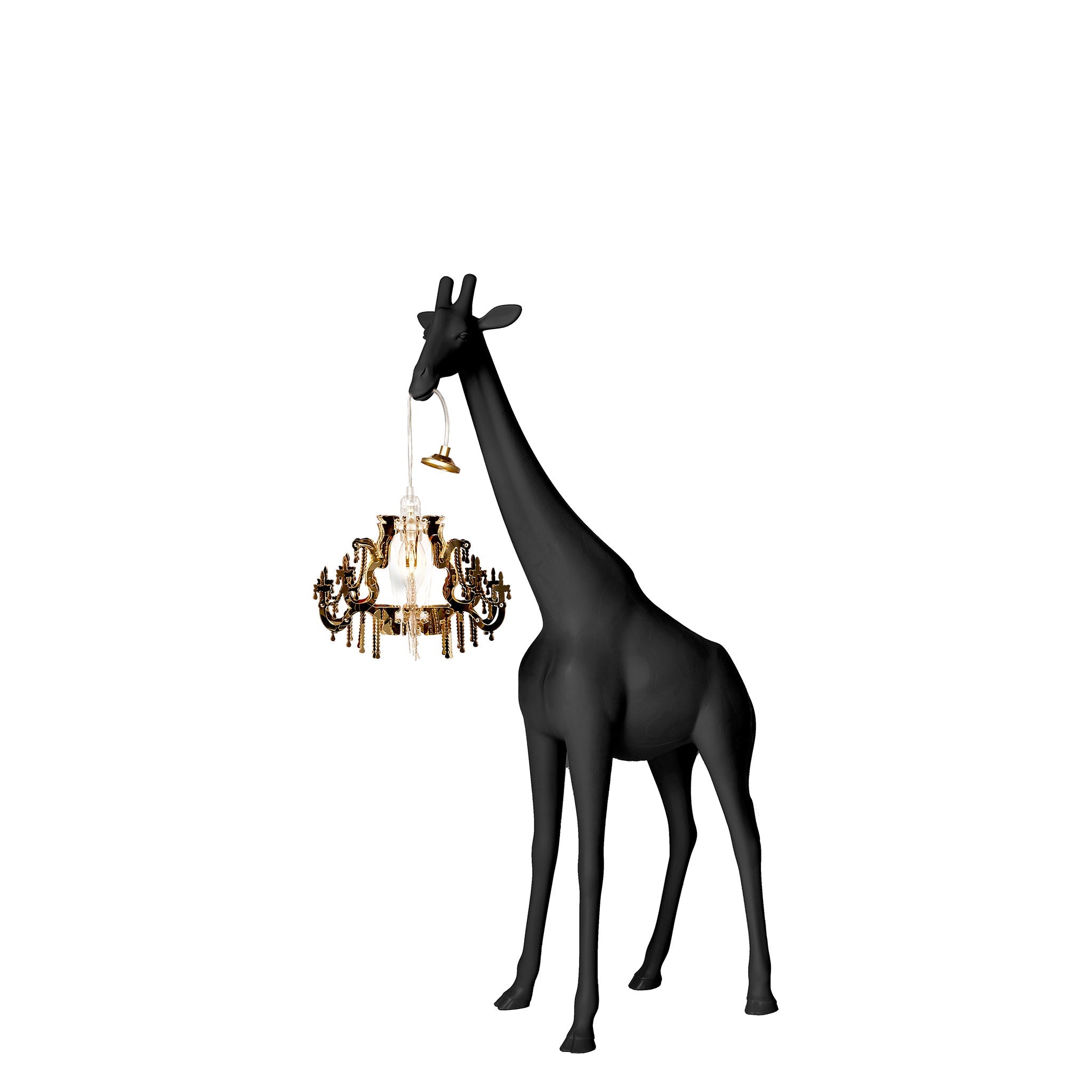 Stehleuchte GIRAFFE IN LOVE XS in schwarz mit Kronleuchter, seitliche Ansicht