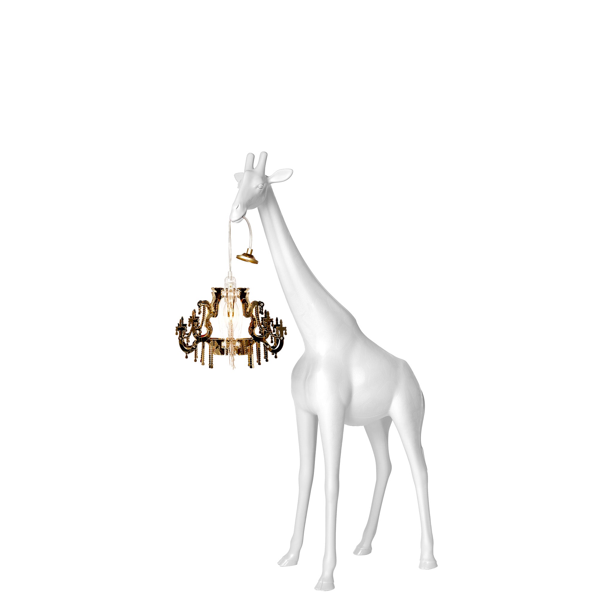 Stehleuchte GIRAFFE IN LOVE XS in weiss mit Kronleuchter, seitliche Ansicht