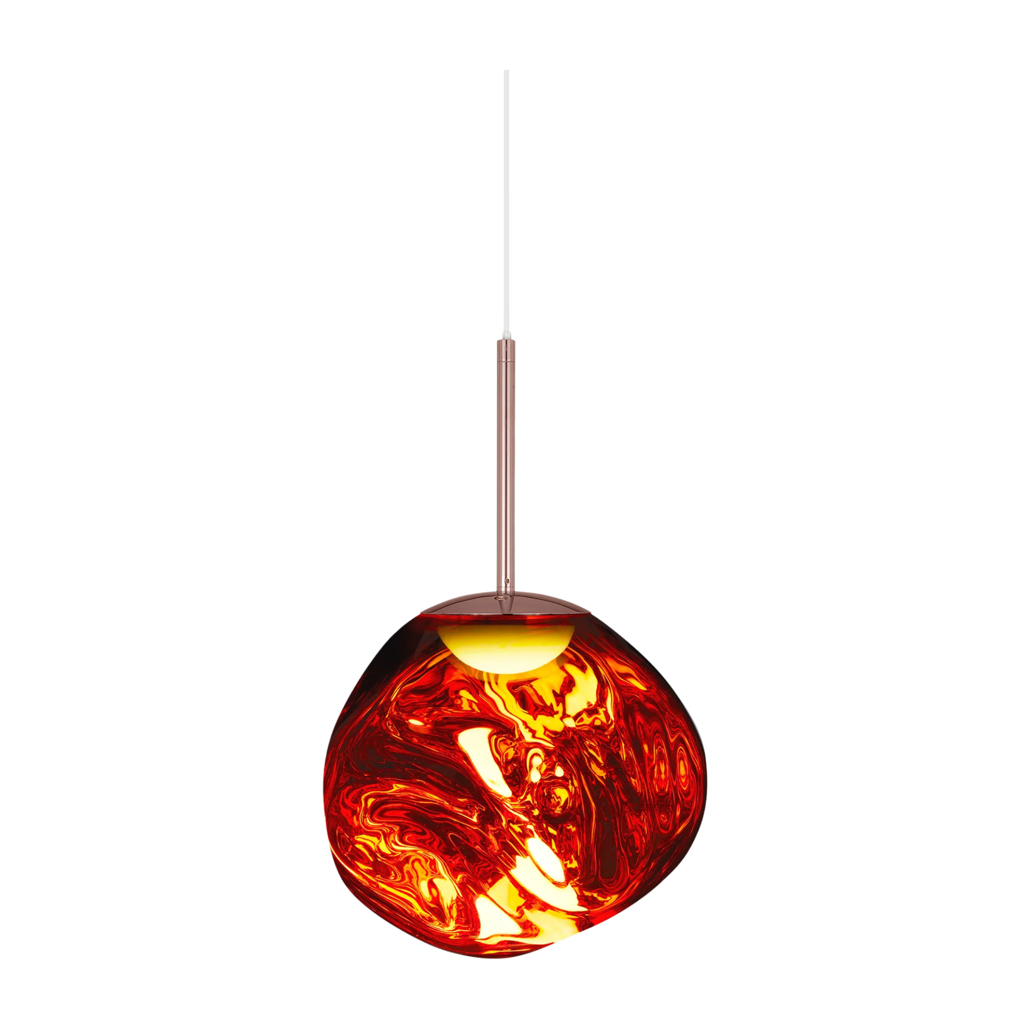 Nahaufnahme der Melt Mini Pendant Leuchte in Kupferoptik mit faszinierendem geschmolzenem Glas Effekt und modernem Design.