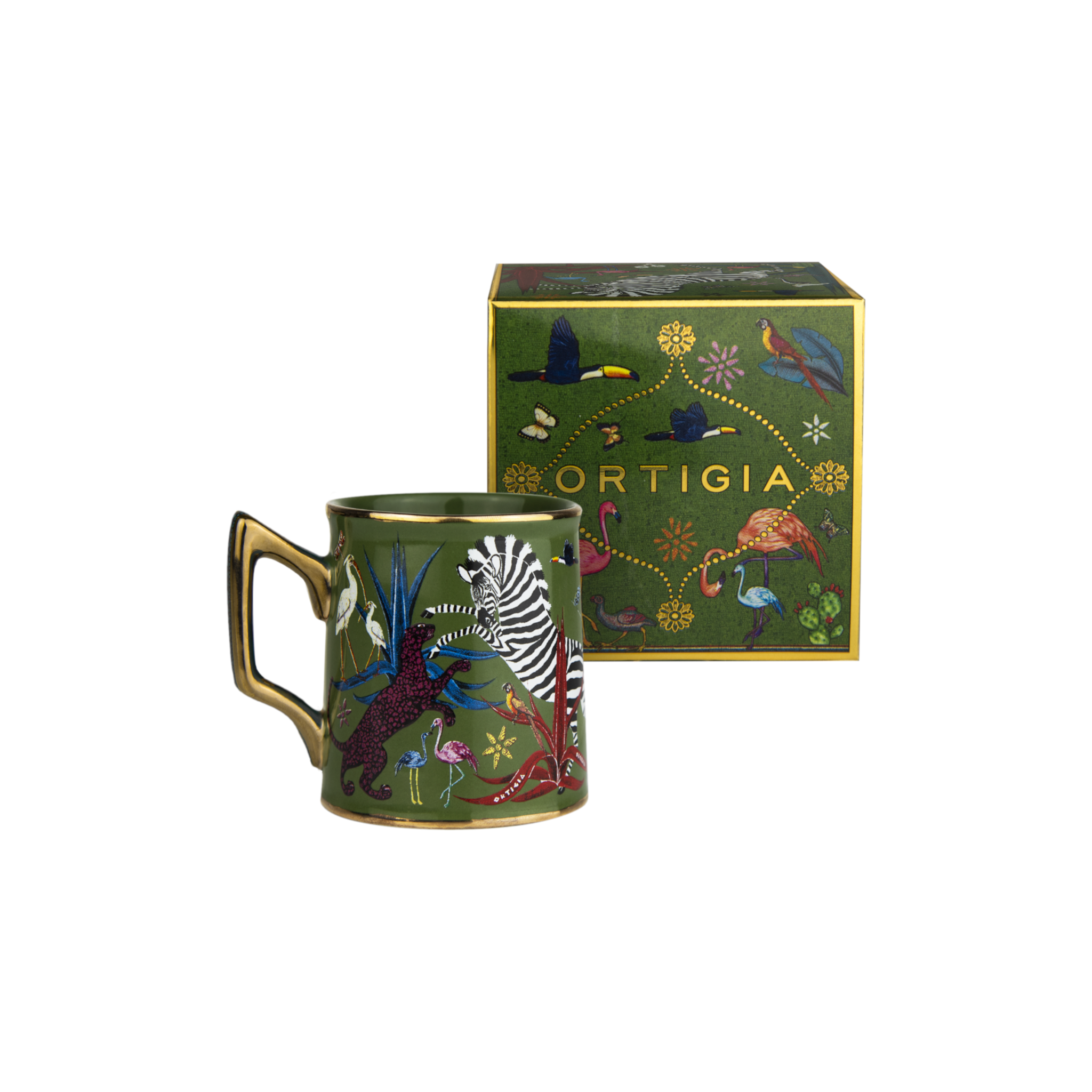 Kombination aus grüner Tasse und passender Geschenkverpackung