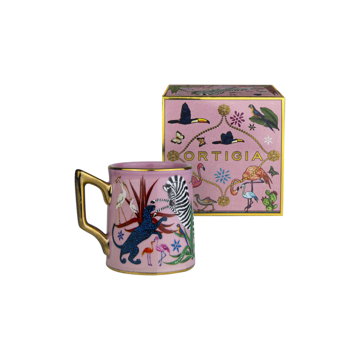 Pinke Espressotasse mit goldverziertem Jungle-Design von Ortigia Sicilia