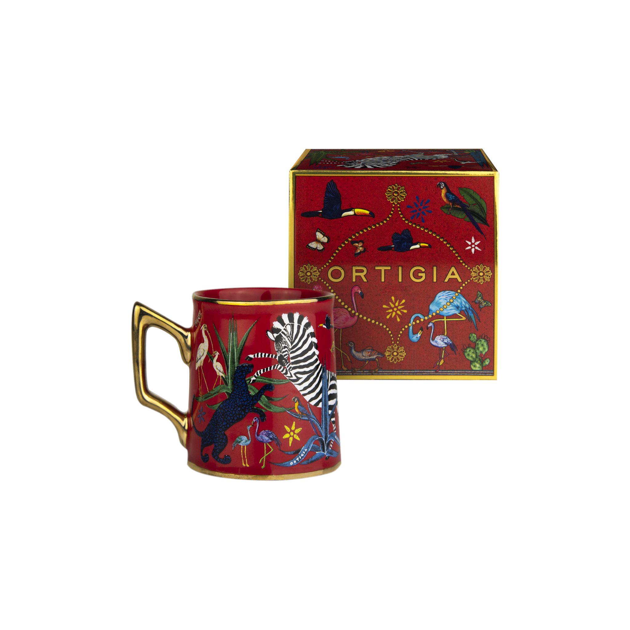 Korallrote Espressotasse mit goldverziertem Jungle-Design von Ortigia Sicilia