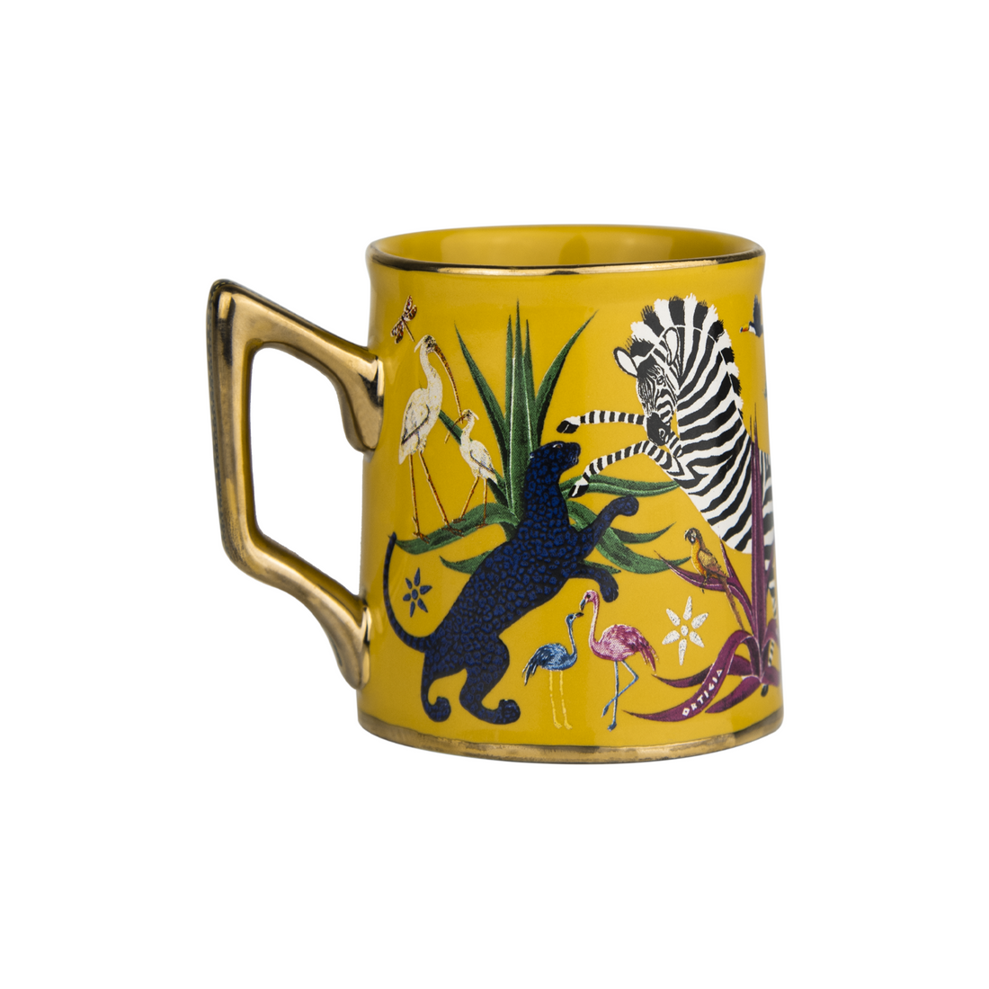 Geschenkbox in warmem Gelb mit farbenfrohem Dschungeldesign