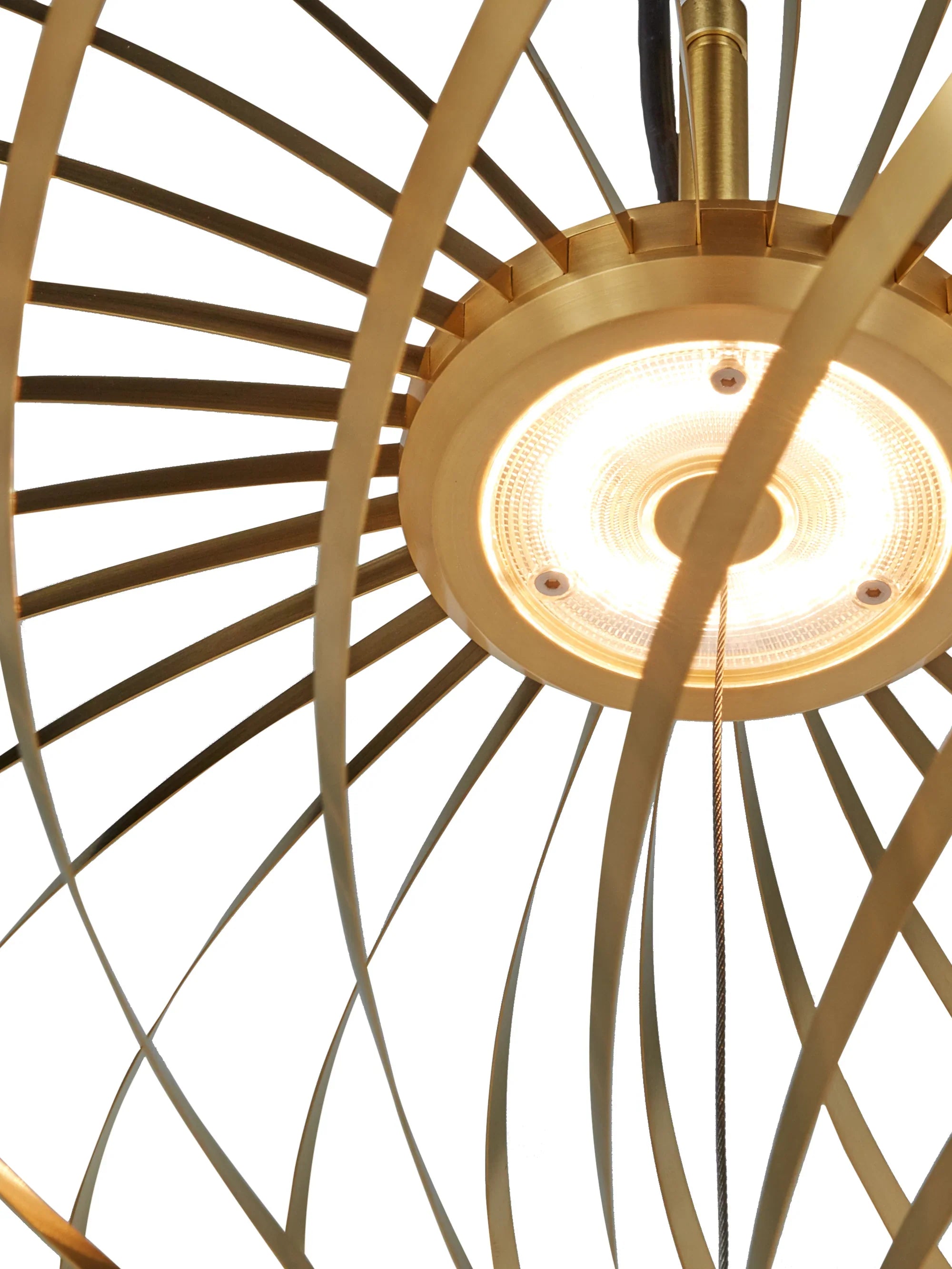 Skulpturale Designleuchte Spring Small von Tom Dixon aus poliertem Messing, dynamisch verformte Edelstahlbänder mit LED Disc