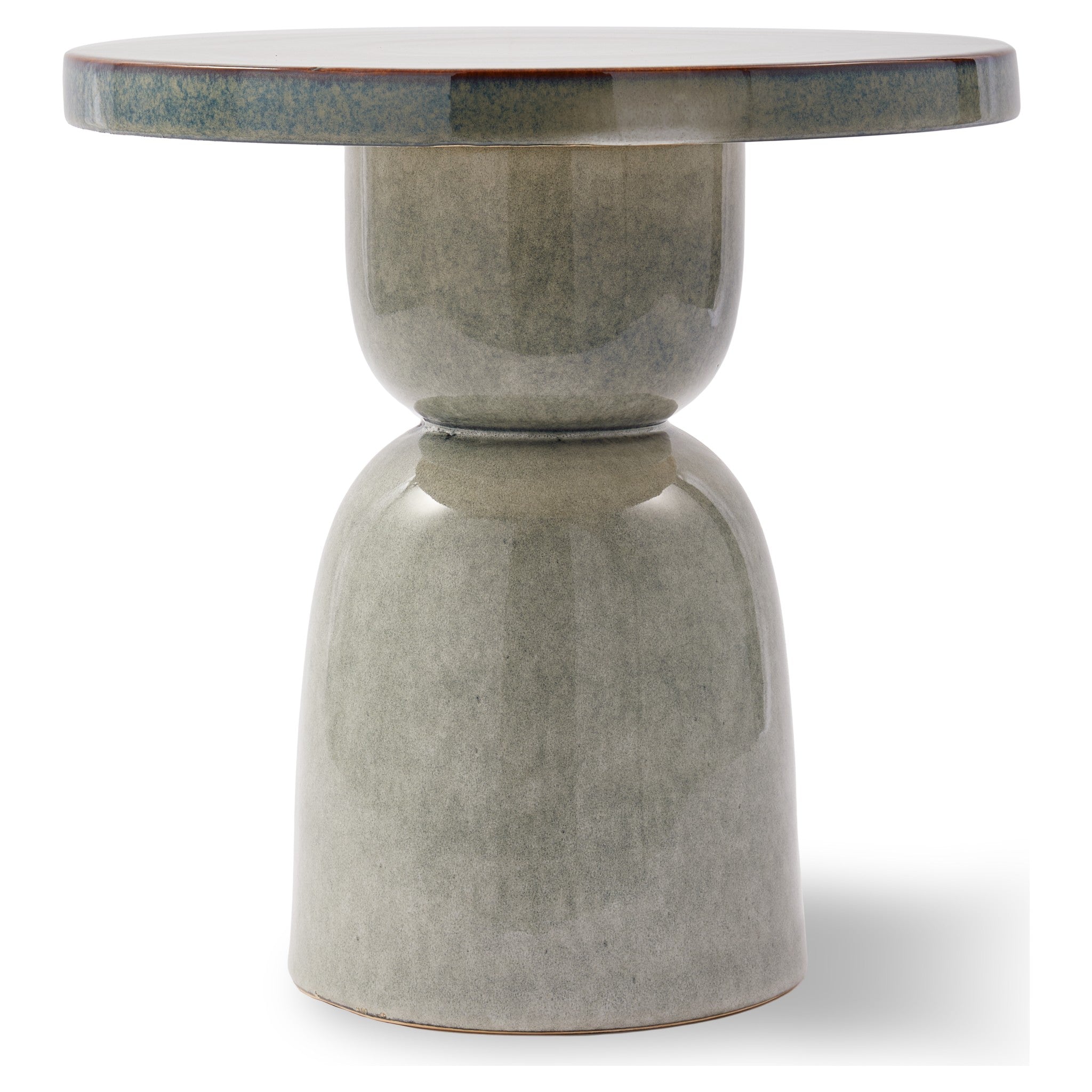 Rund geformter Side Table in graugrüner Reactive-Glaze-Optik