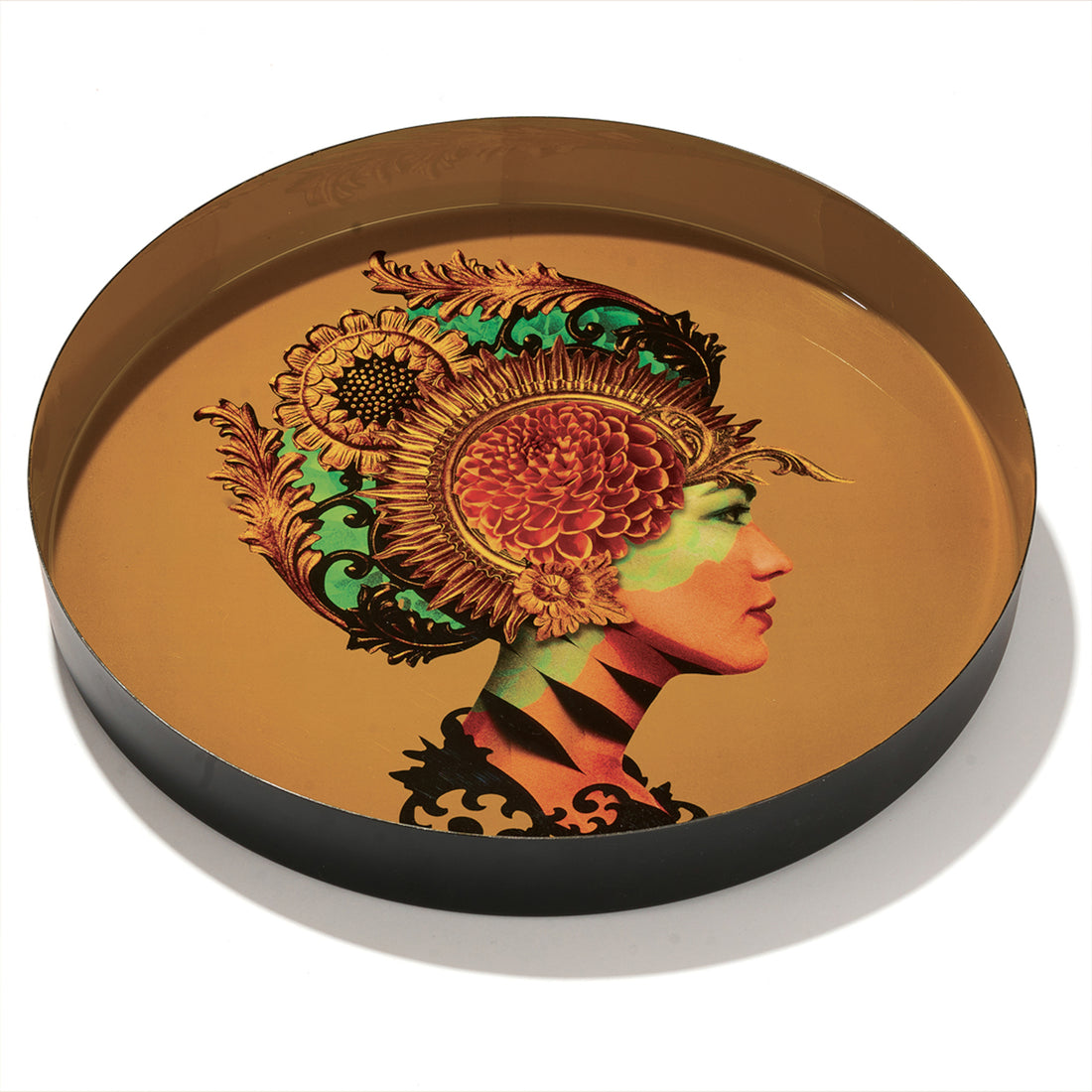 Künstlerisches Emaille-Tablett mit Porträtmotiv und Blumenkrone