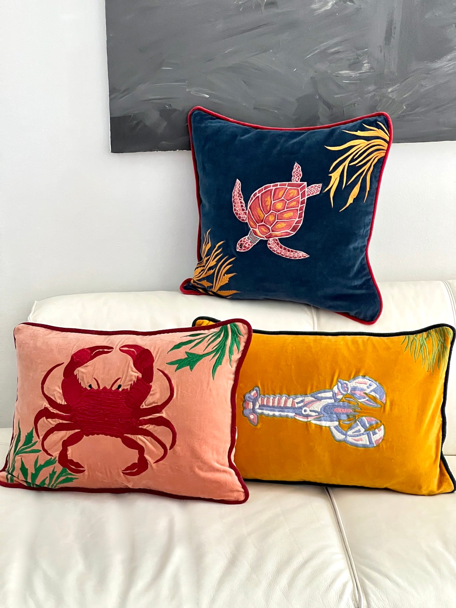 Maritime Kissen Kollektions aus Samt - Motive Schildkröte Hummer und Krabbe