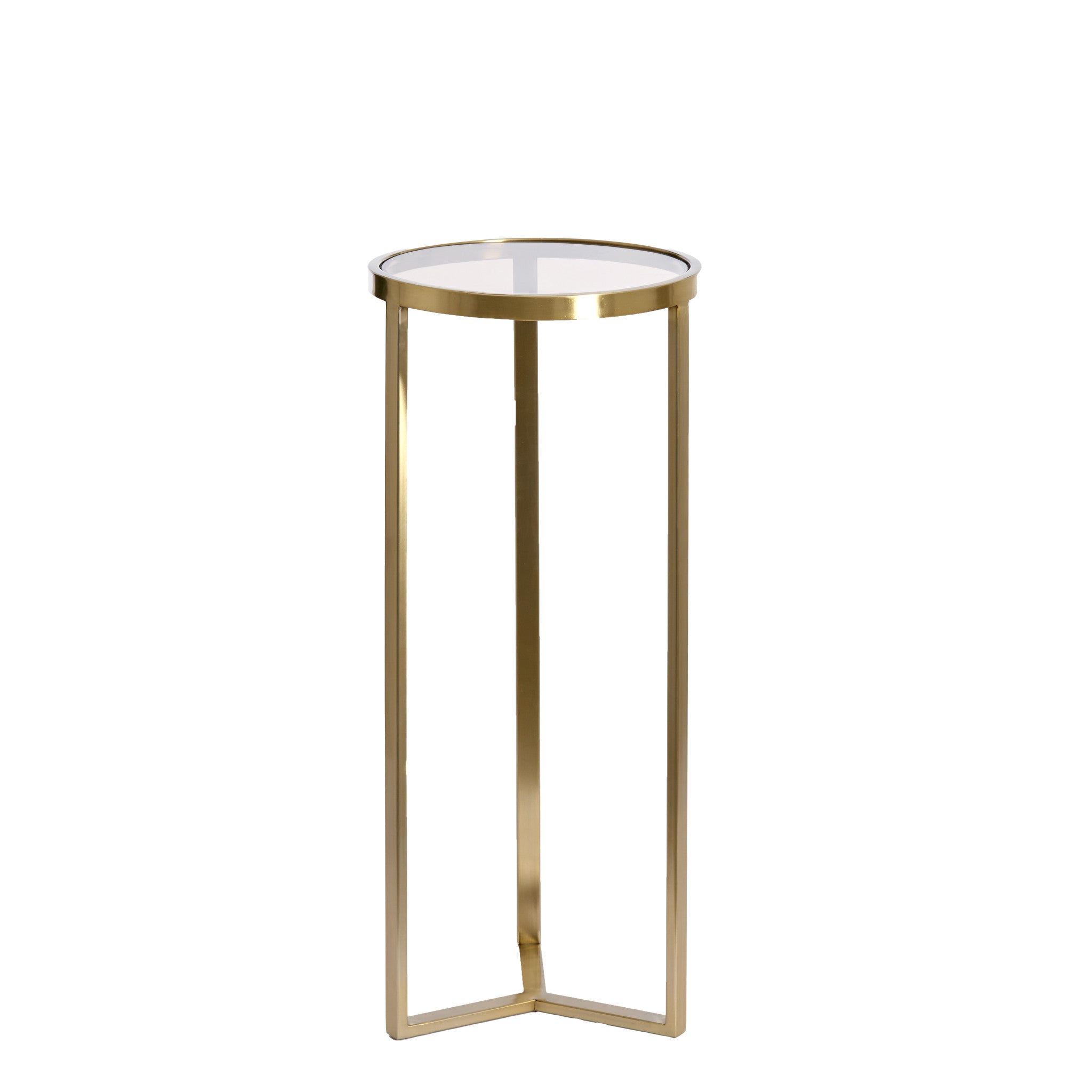 große Säule in gold mit hell brauner glasplatte
