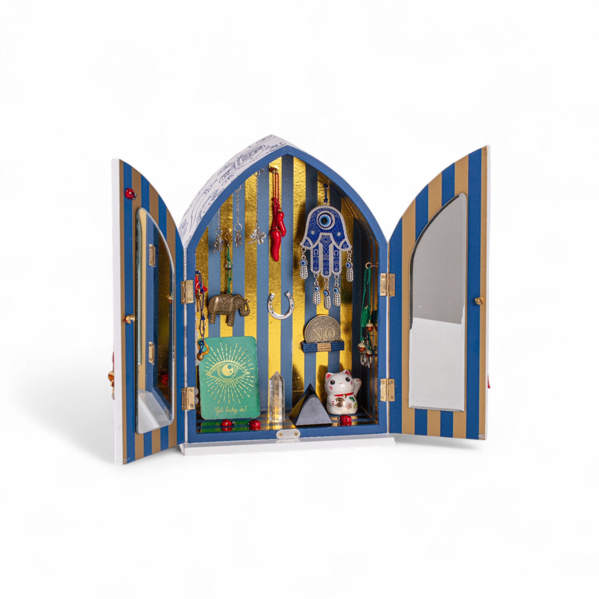Offene Designbox LUCKY TEMPLE von Seletti mit Spiegel und Symbolobjekten