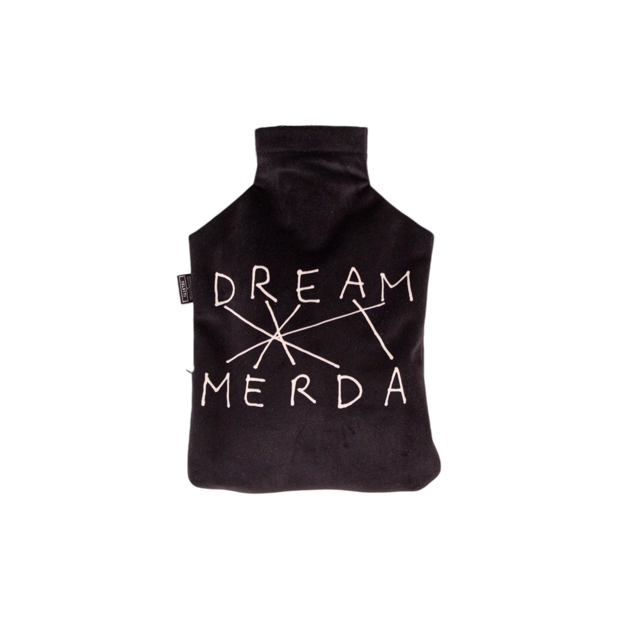 Seletti Wärmflasche DREAM MERDA aus braunem Polyester mit weißem Schriftmotiv