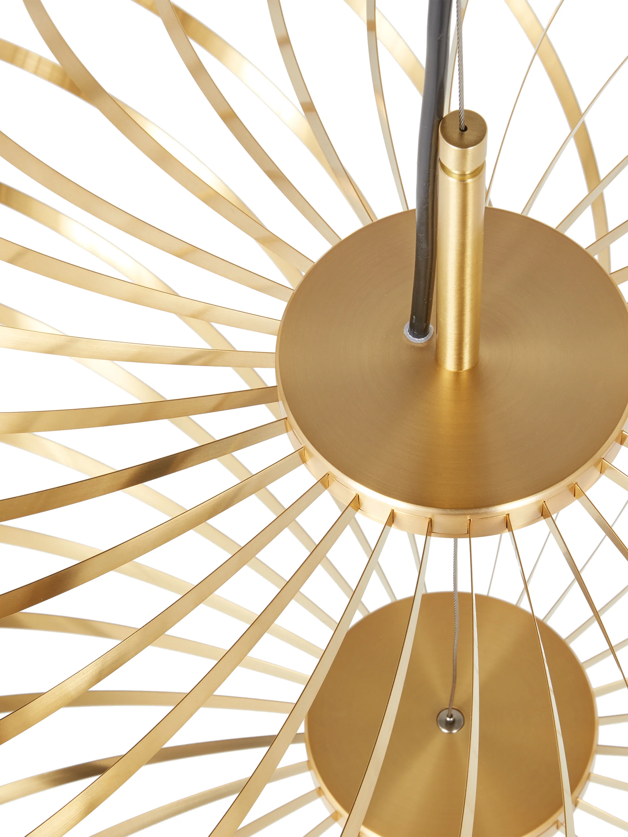 Moderne Spring Medium Design Pendelleuchte von Tom Dixon in poliertem Messing, leicht zusammengezogen mit sichtbarer LED Scheibe