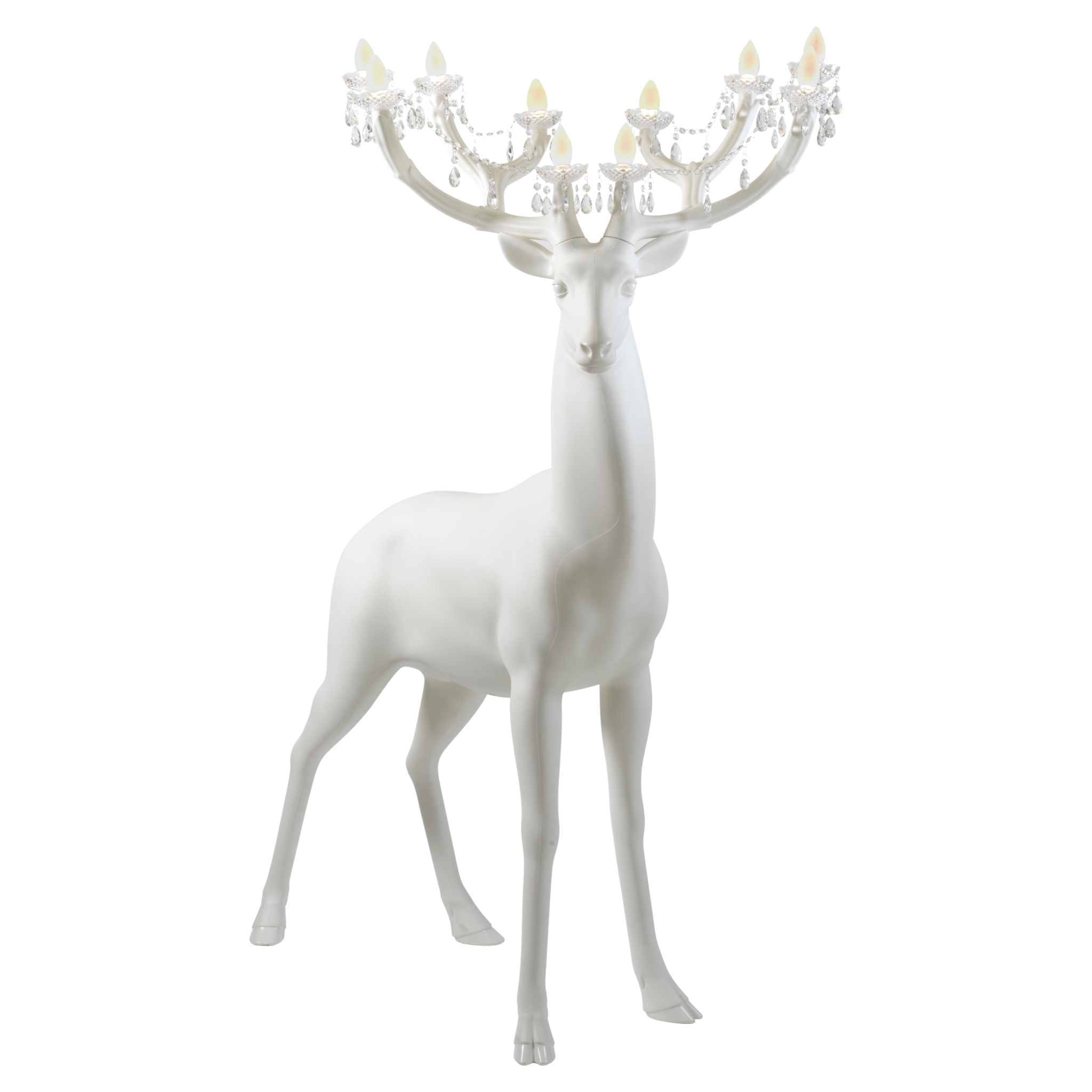 Weiße SHERWOOD Stehleuchte mit filigranem Geweih und Kristallpendeln