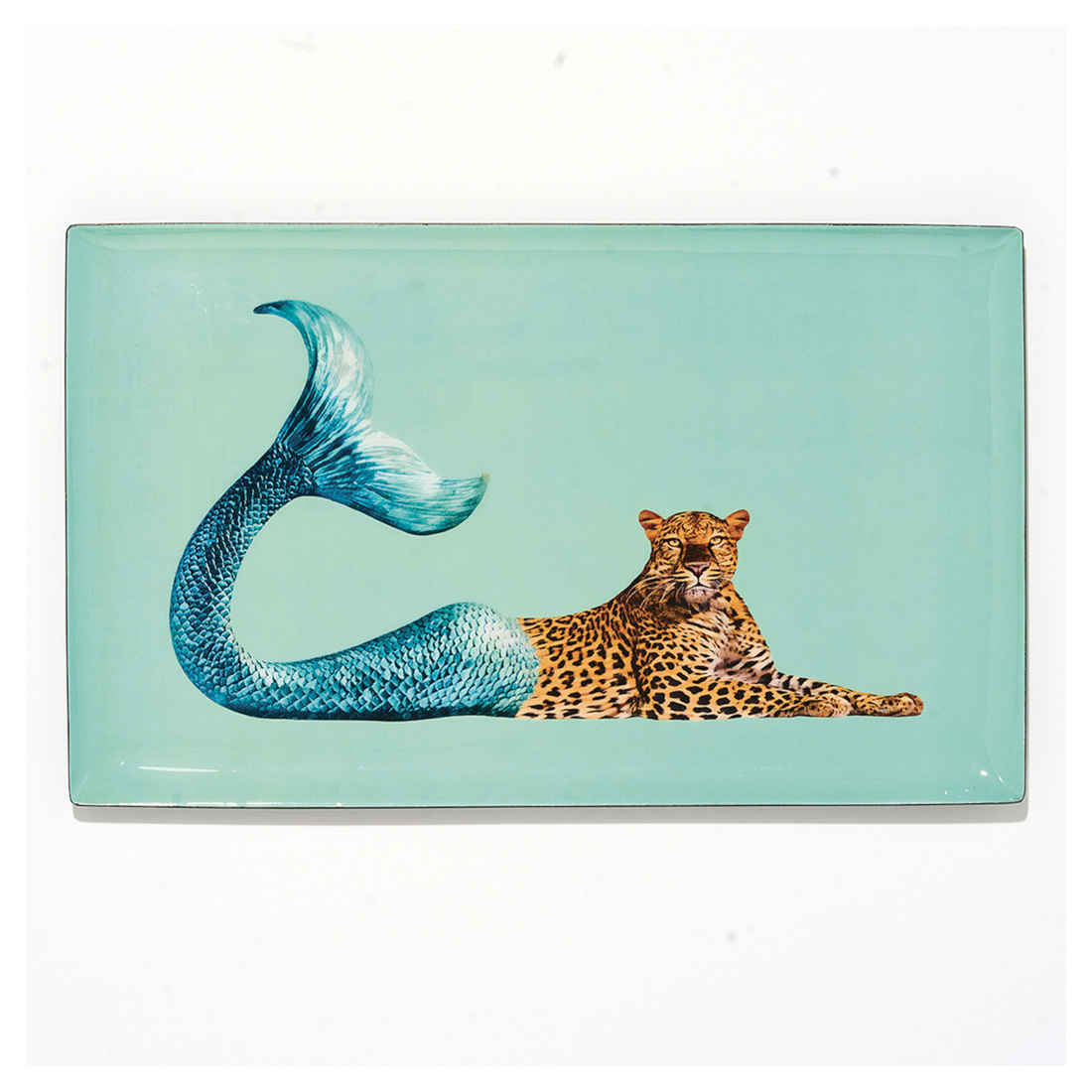 Künstlerisches Emaille-Tablett mit Leopard und Fischflosse