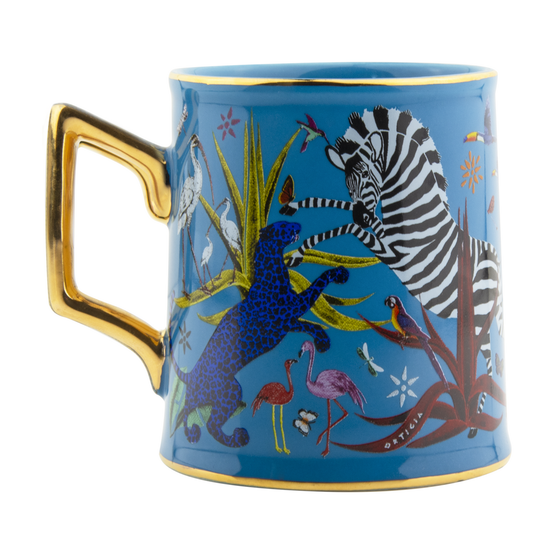 Tasse im Jungle-Stil mit Flamingos, Palmen und Goldrand