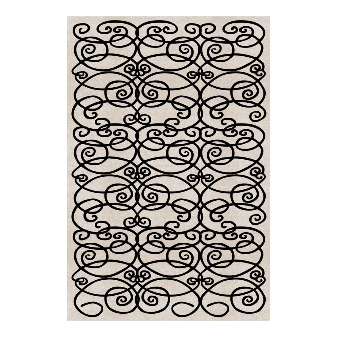 Rechteckiger Teppich mit schwarzem Spiralmuster auf hellem Grund von Qeeboo