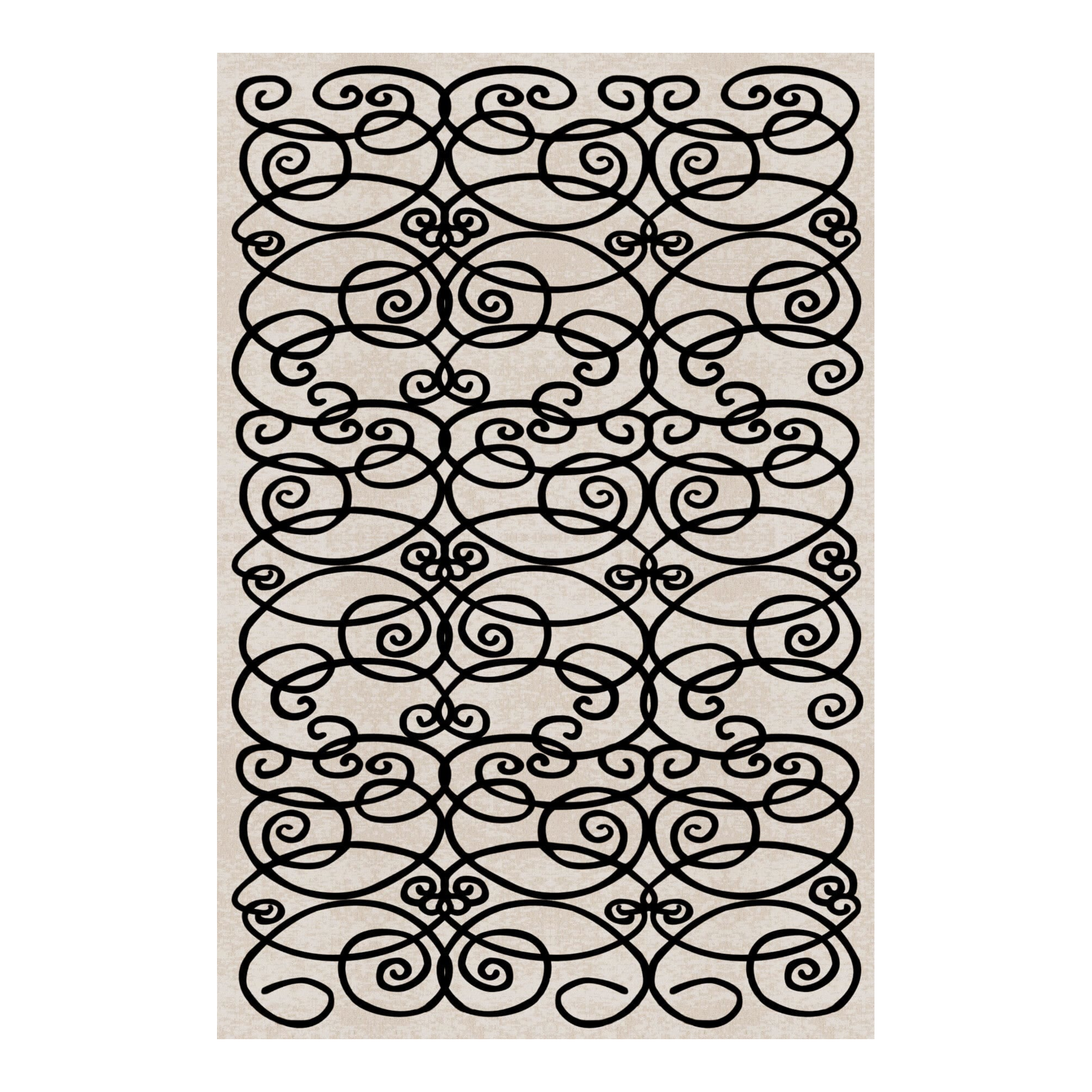 Rechteckiger Teppich mit schwarzem Spiralmuster auf hellem Grund von Qeeboo