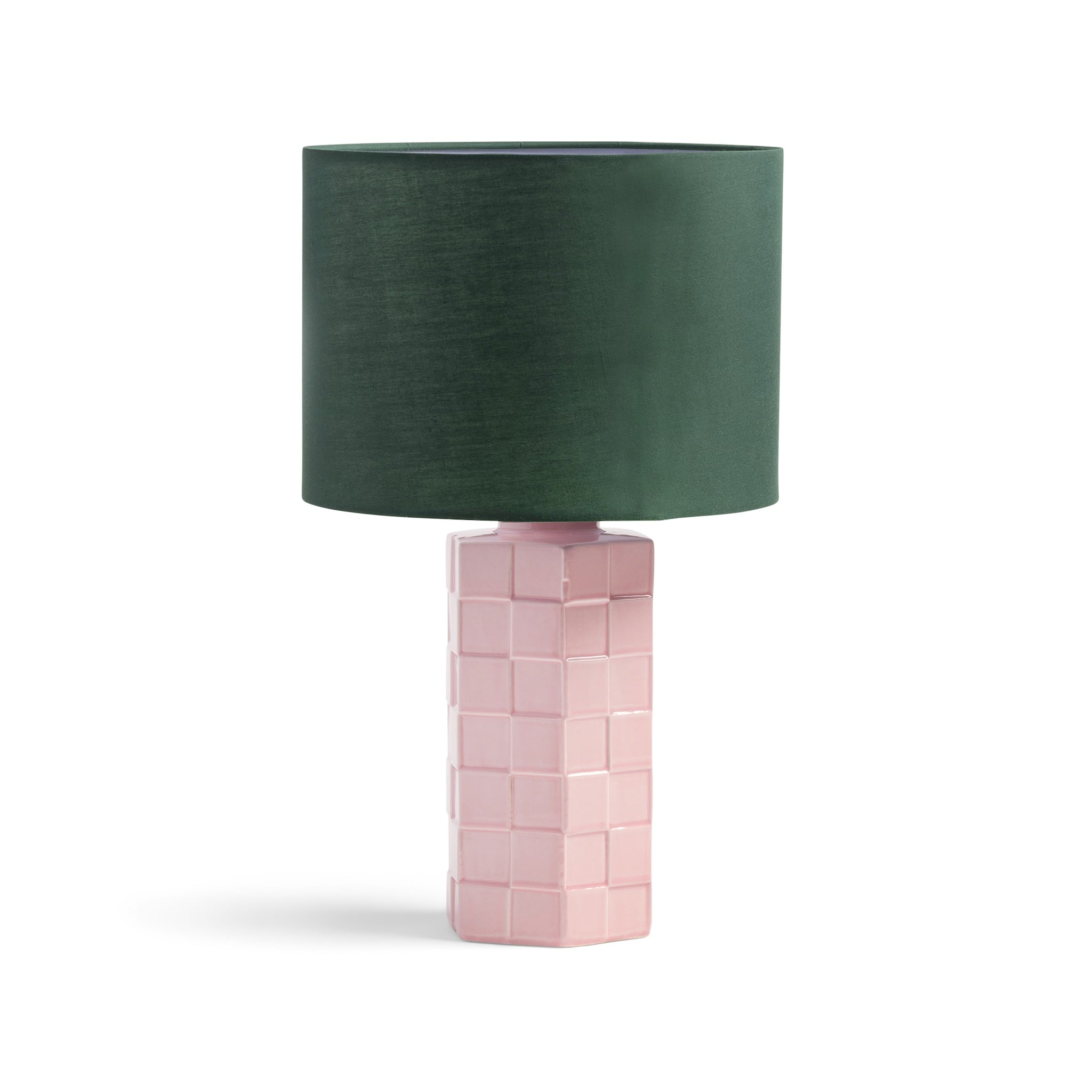 &k Amsterdam Tischleuchte „Check Pink“ aus Keramik in rosa und mit einem grünen Lampenschirm