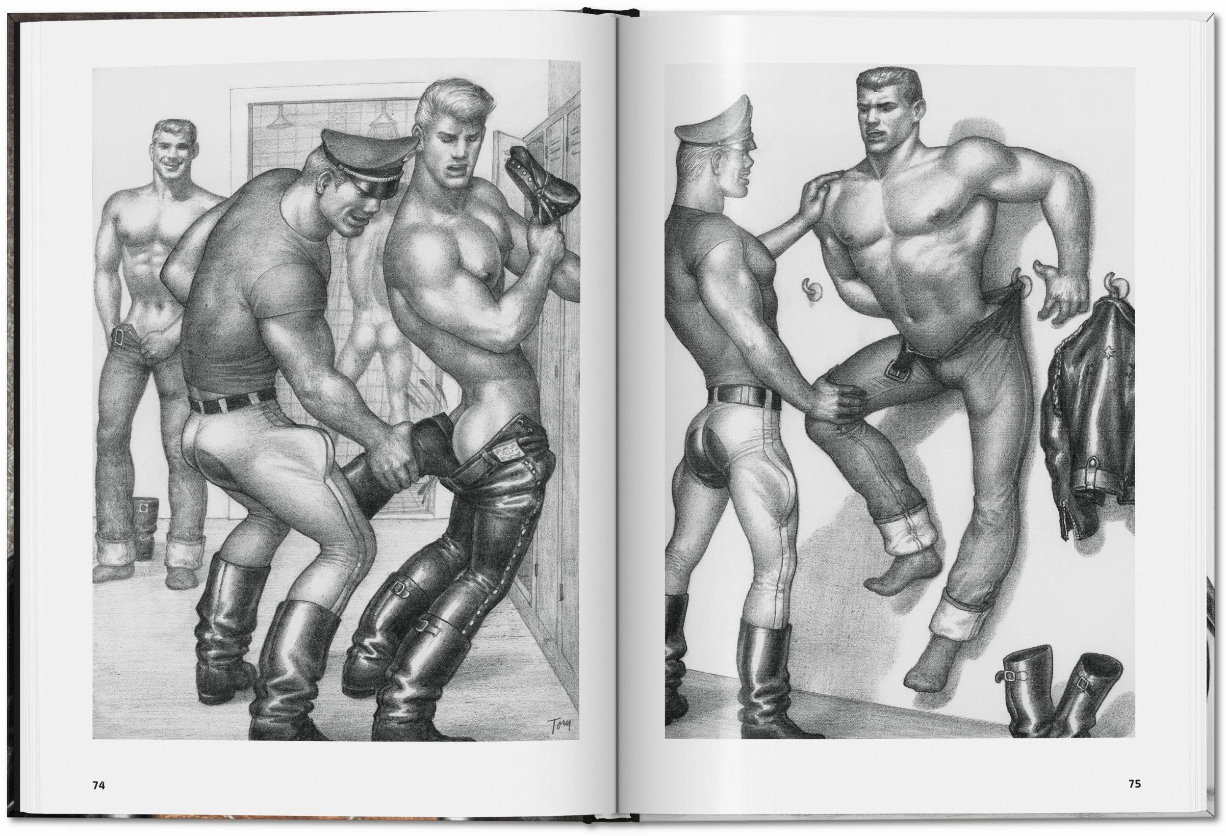 Klassische Leder Outlaw Szene mit Motorrädern in der Kunst von Tom of Finland