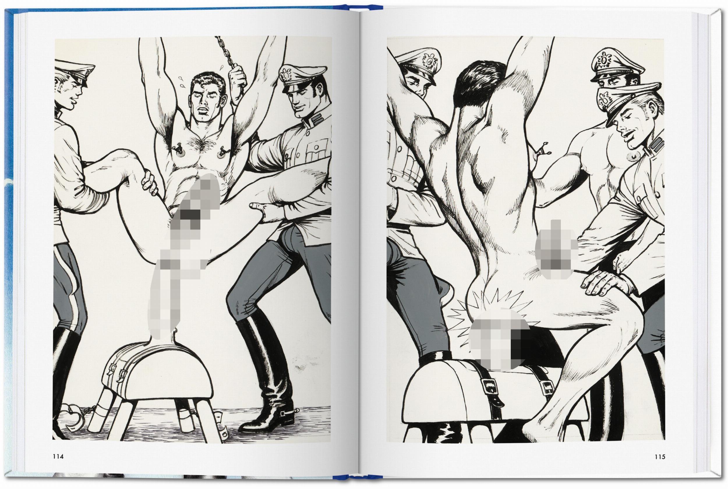 Darstellung von Soldaten in historischer Militäruniform und körperbetonter Kunst