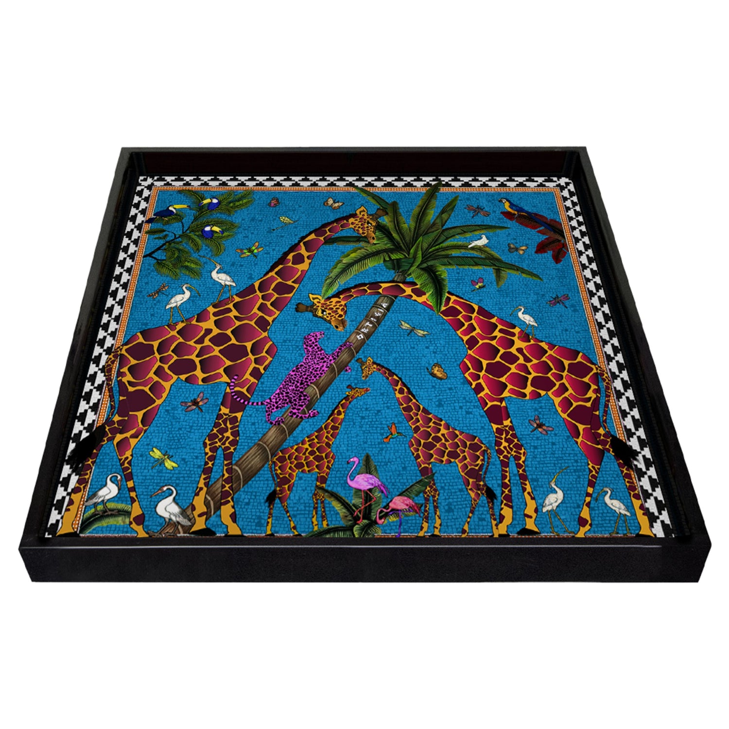 Handgefertigtes Lacktablett Tray Giraffe Blue 16x16cm