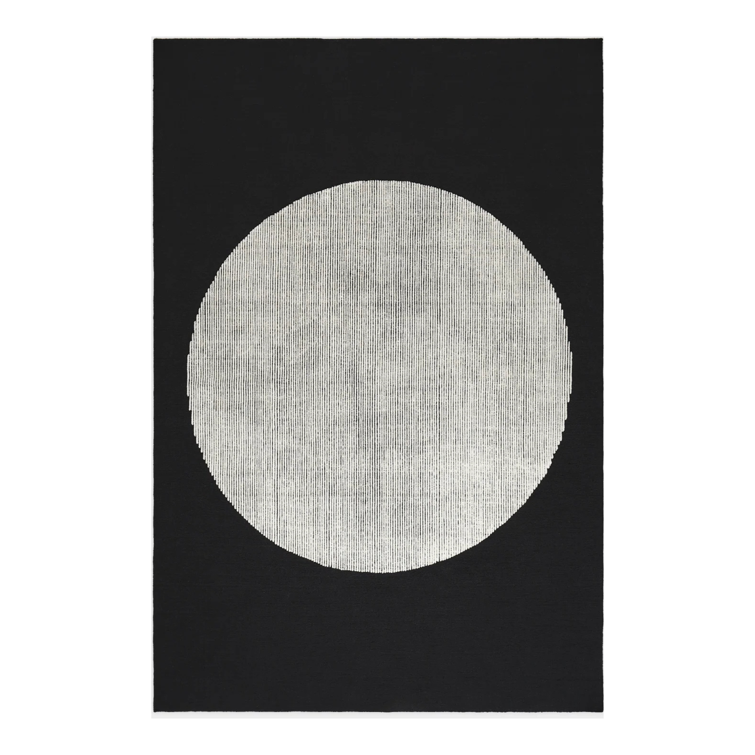 Disc Rug Overview handgefertigter Design Teppich in Schwarz Weiß Naturwolle für moderne Wohnräume