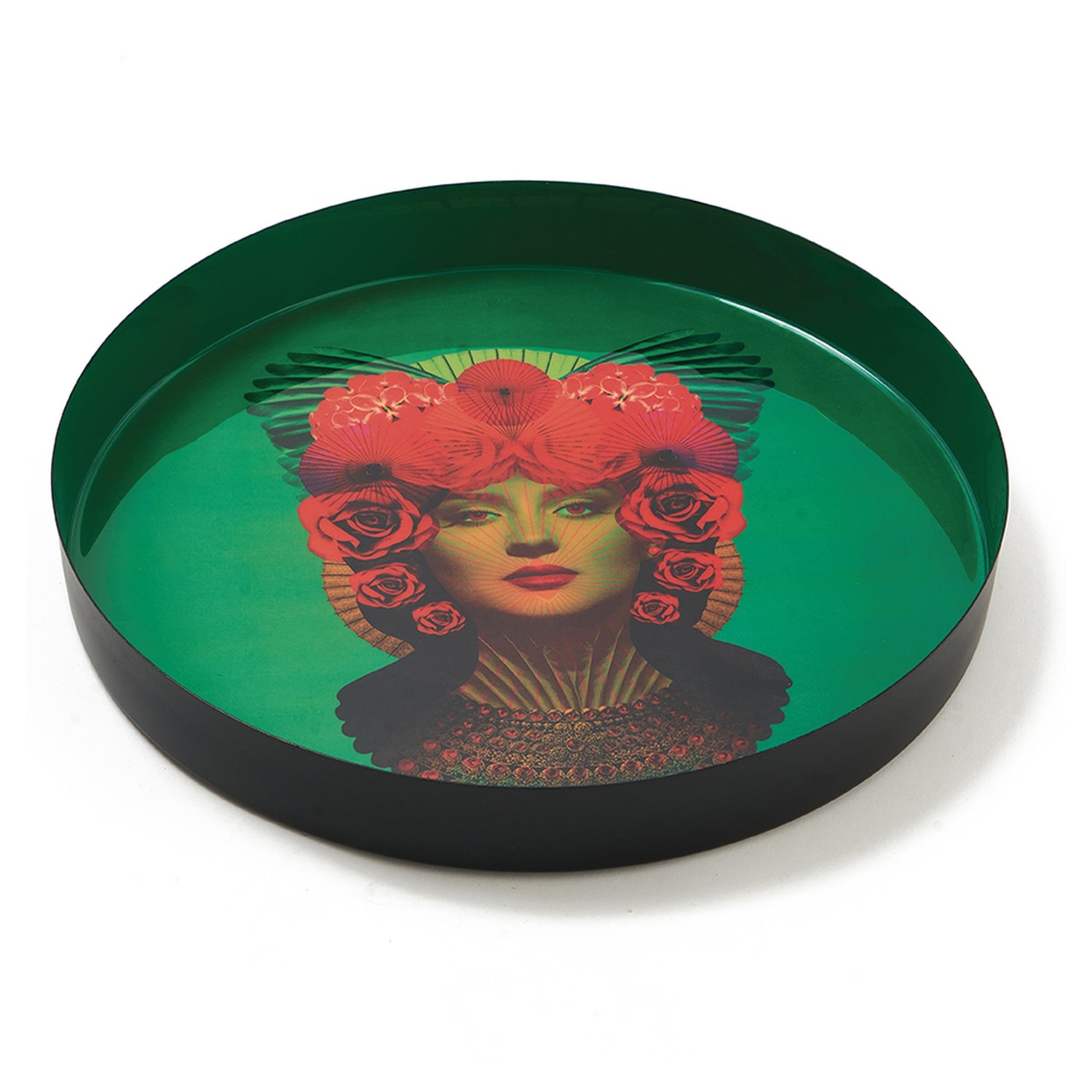 Dekoratives Serviertablett aus Eisen in kräftigem Smaragdgrün, verziert mit kunstvoller Frauenillustration und floralen Elementen.