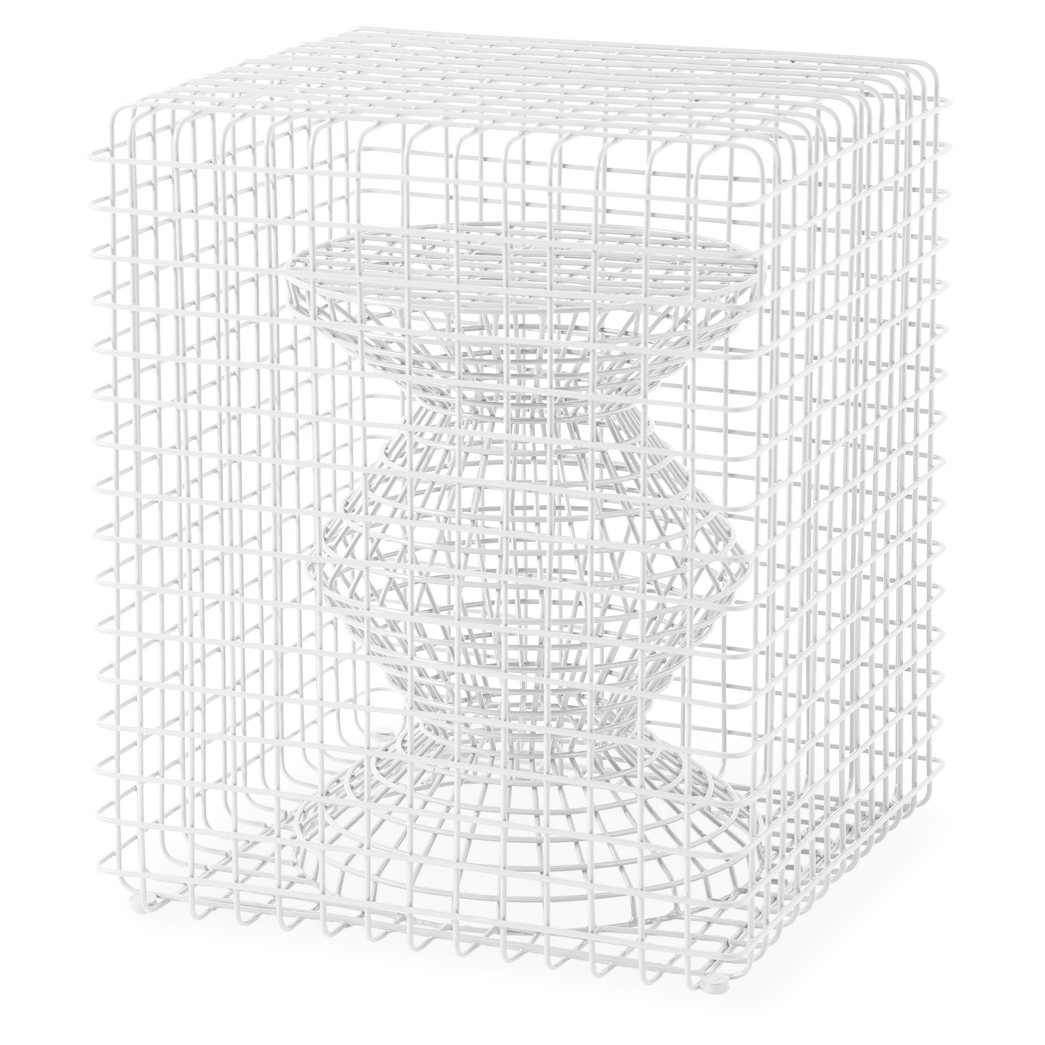 Designhocker aus weißem Drahtgeflecht
